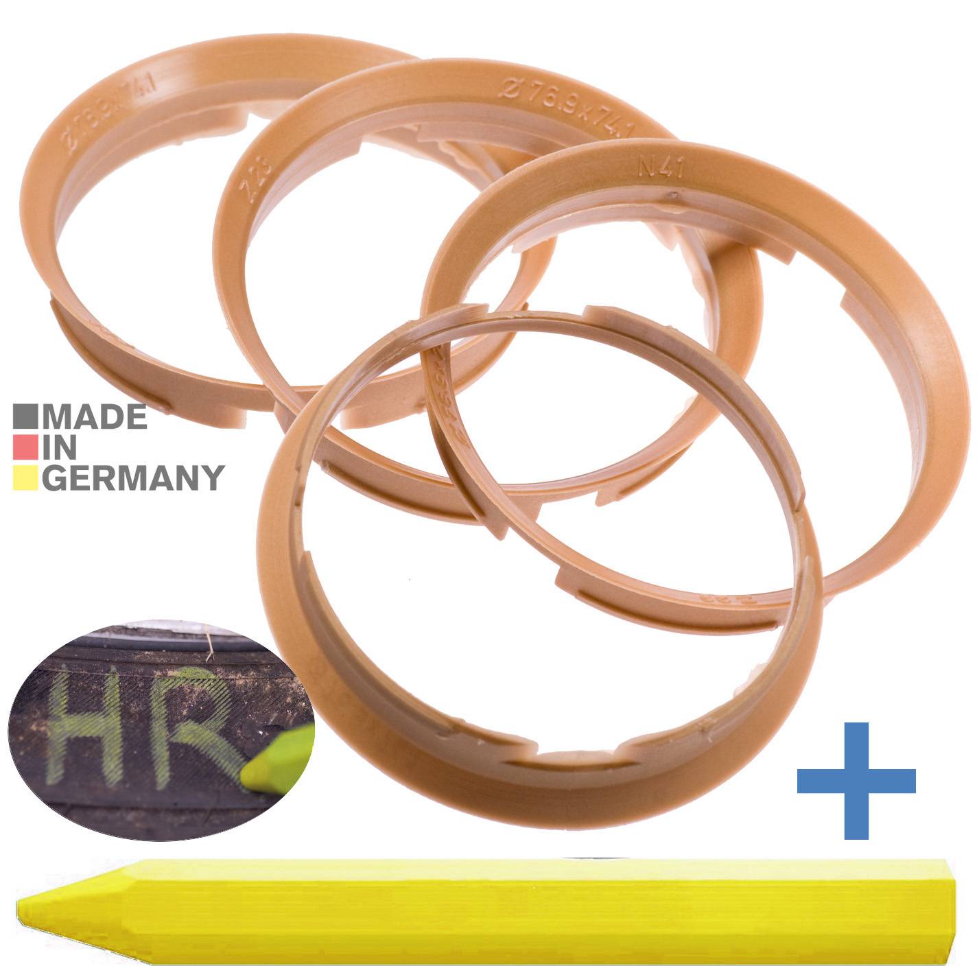 4x BRANDT Zentrierringe 76,9 x 74,1 mm Messing Radnabe Felgen Ringe + 1x Reifen Kreide Fett Stift