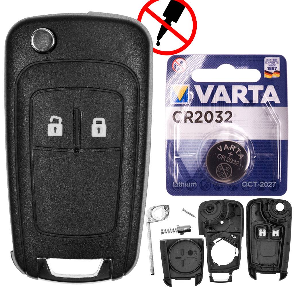 Autoschlüssel Funk Fernbedienung Austausch Gehäuse mit 2 Tasten + Rohling + Batterie kompatibel mit Opel Meriva Astra J Adam Corsa E Casvada Mokka