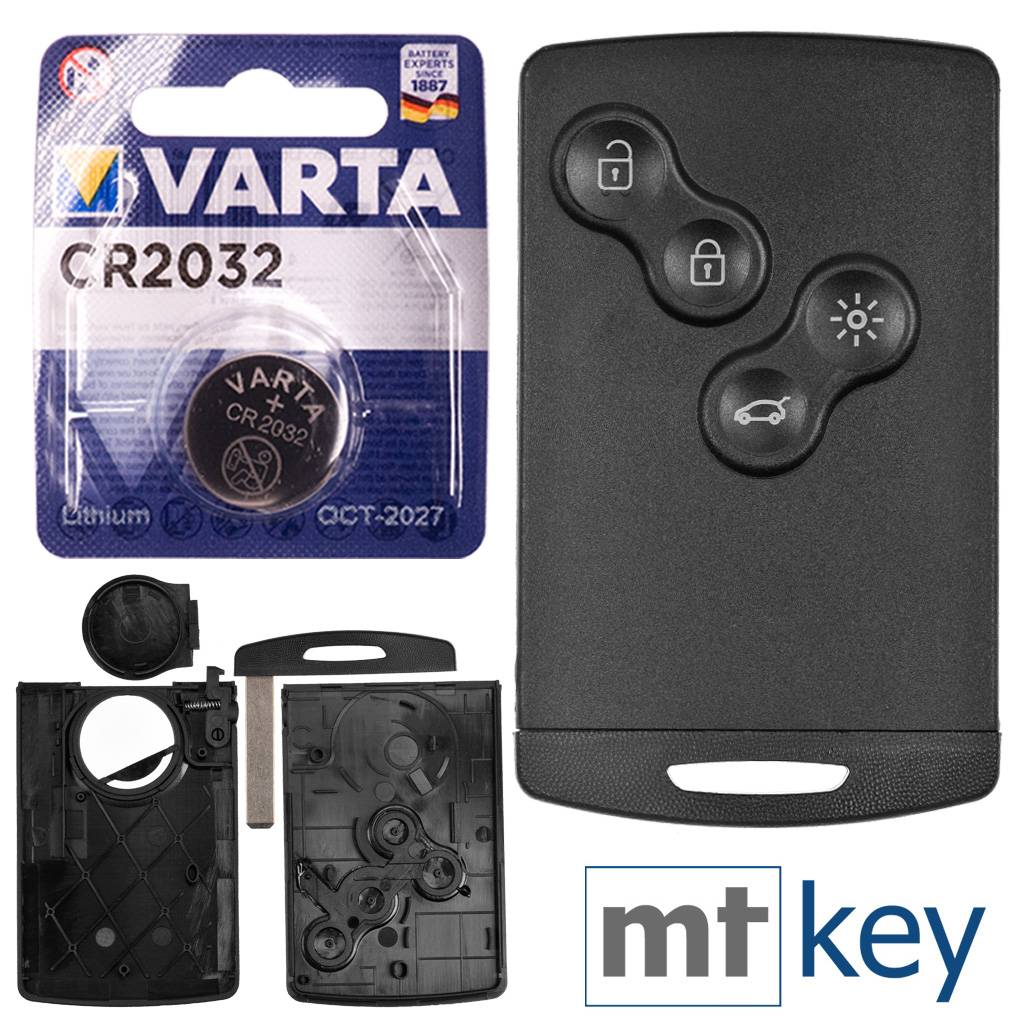 Autoschlüssel Karte Funk Fernbedienung Austausch Gehäuse mit 4 Tasten + Notschlüssel Rohling + Batterie kompatibel mit Renault Clio Captur Laguna