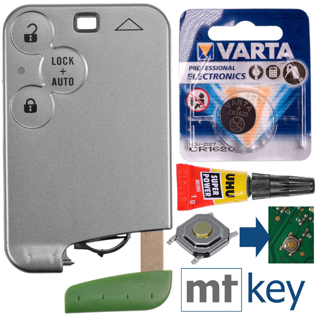 Reparatur Satz Autoschlüssel Karte Smartkey Austausch Gehäuse mit 3 Tasten + Notschlüssel Rohling + Drucktaste + Batterie kompatibel mit Renault La