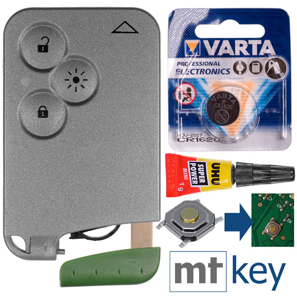 Reparatur Satz Autoschlüssel Karte Smartkey Austausch Gehäuse mit 3 Tasten + Notschlüssel Rohling + 1x Drucktaste + Batterie kompatibel mit Renault