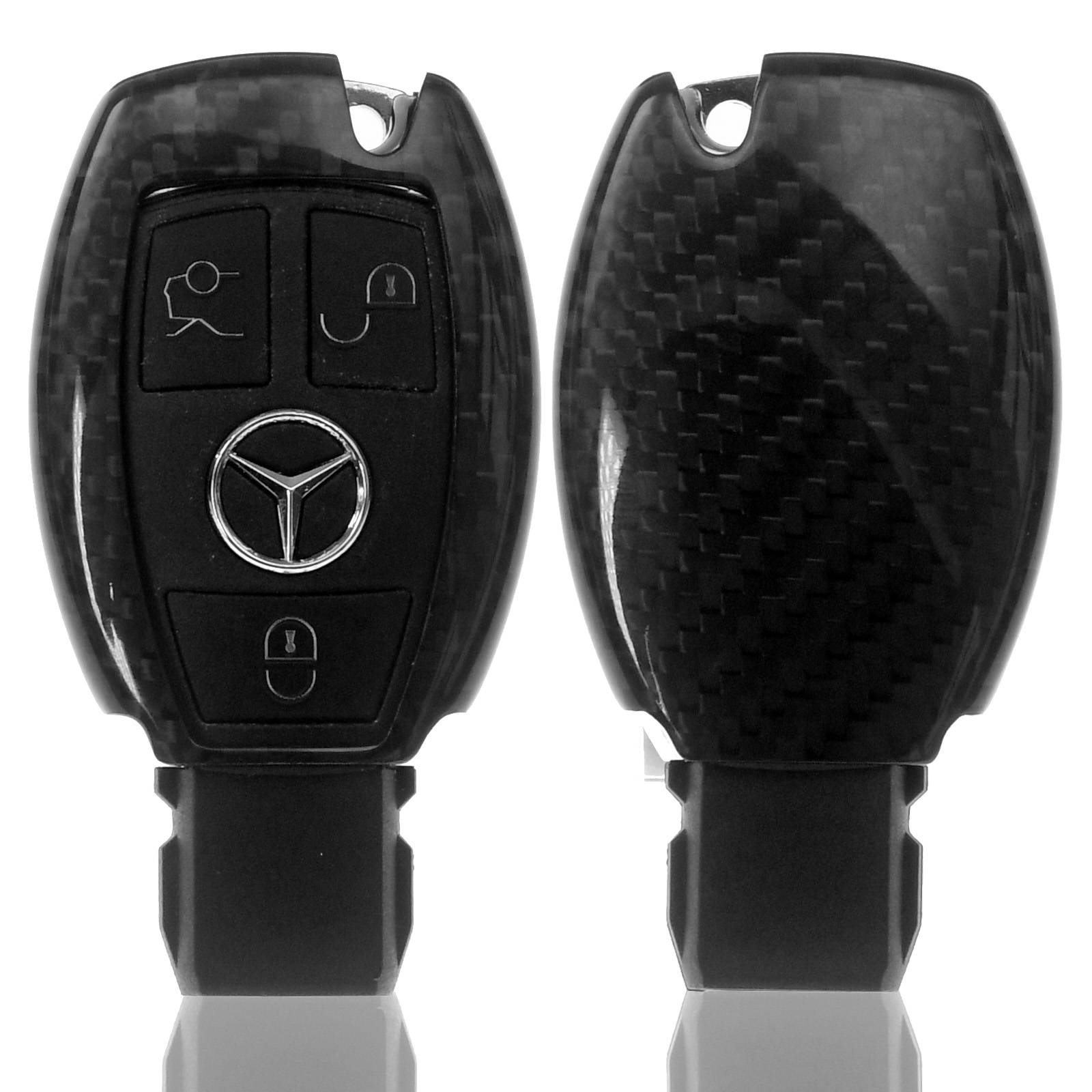 Auto Schlüssel Echt Carbon Schutz Hülle Hardcover Schwarz kompatibel mit Mercedes Benz C207 A207 C292 CL203 C117 Smartkey