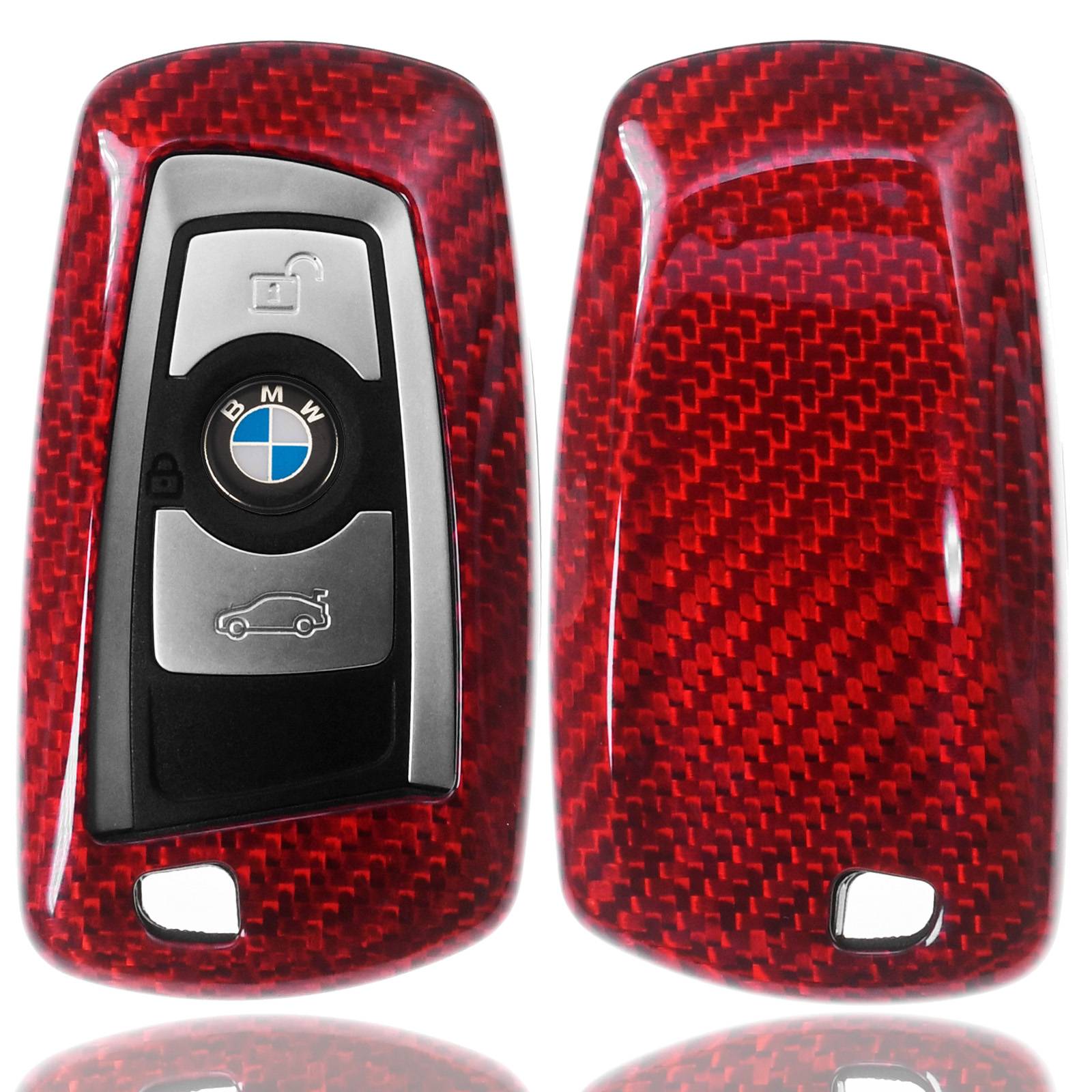 Auto Schlüssel Echt Carbon Schutz Hülle Hardcover Rot kompatibel mit BMW F20 F21 F22 F23 F30 F31 F34 F32 F26 KEYLESS SMARTKEY