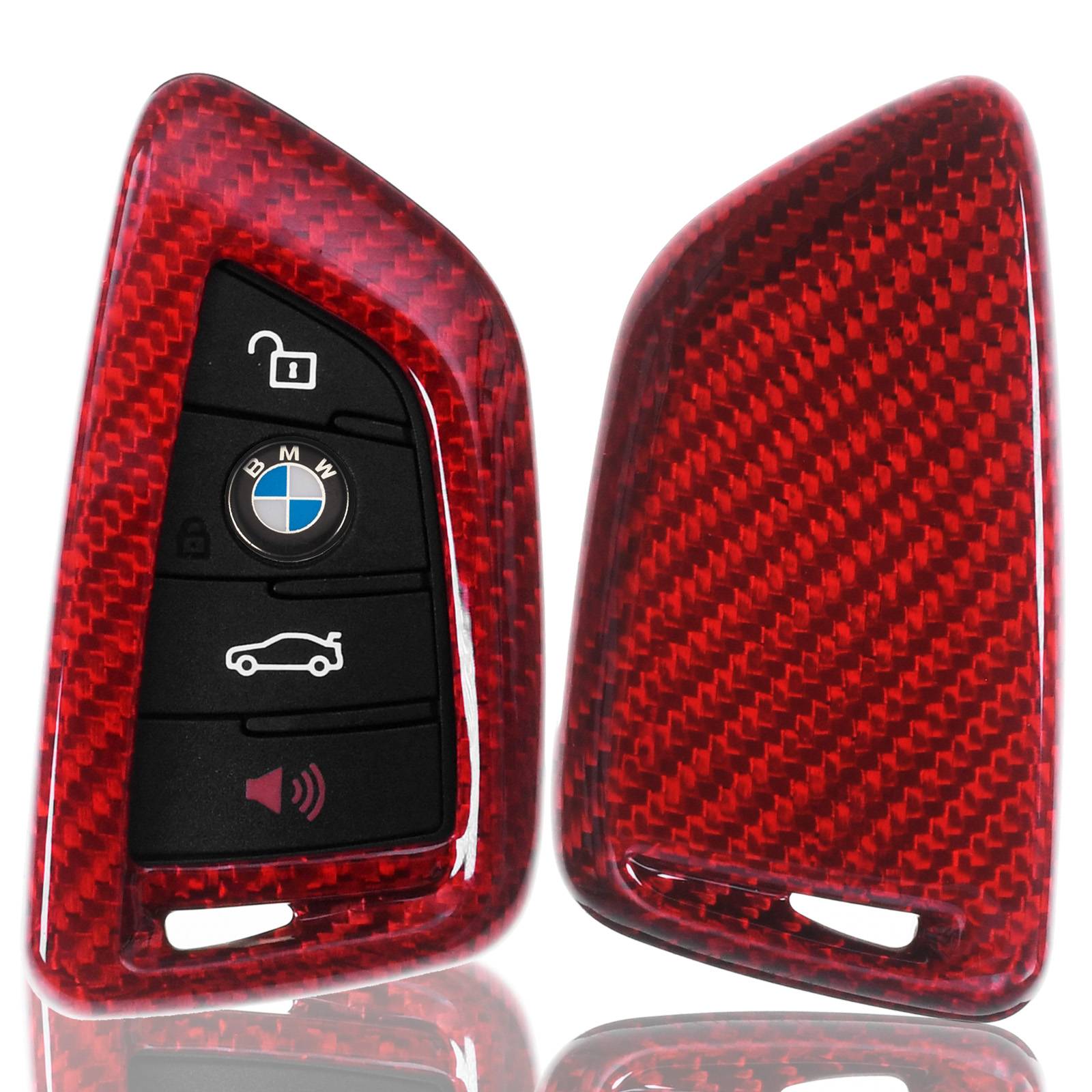 Auto Schlüssel Echt Carbon Schutz Hülle Hardcover Rot kompatibel mit BMW X5 F15 X6 F16 2er F45 F46 X1 F48 KEYLESS SMARTKEY