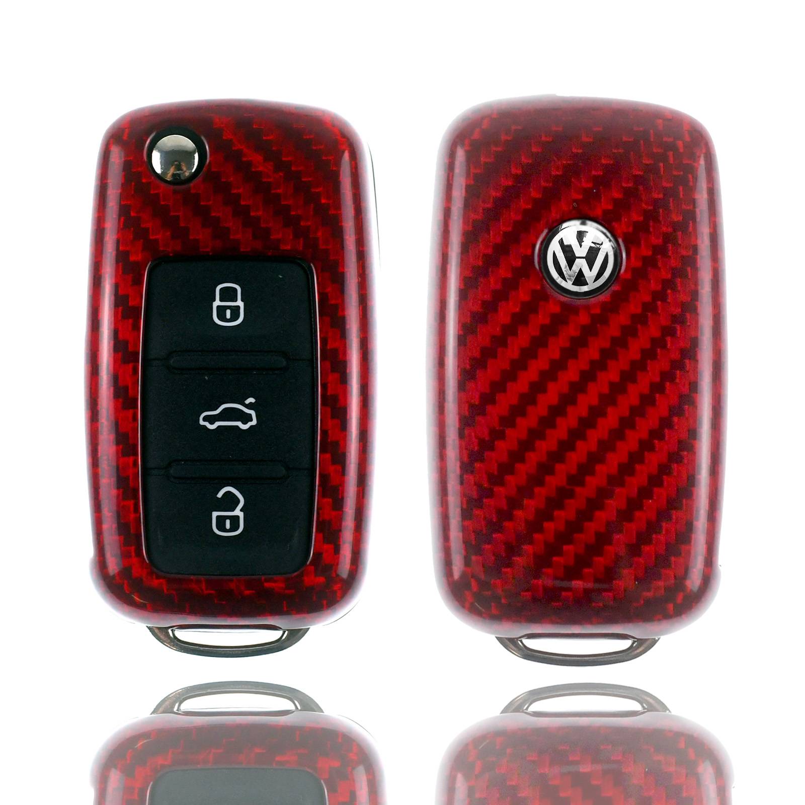 Auto Schlüssel Echt Carbon Schutz Hülle Hardcover Rot kompatibel mit VW UP Polo 6R Beetle 5C Golf 1K AU Jetta Klappschlüssel