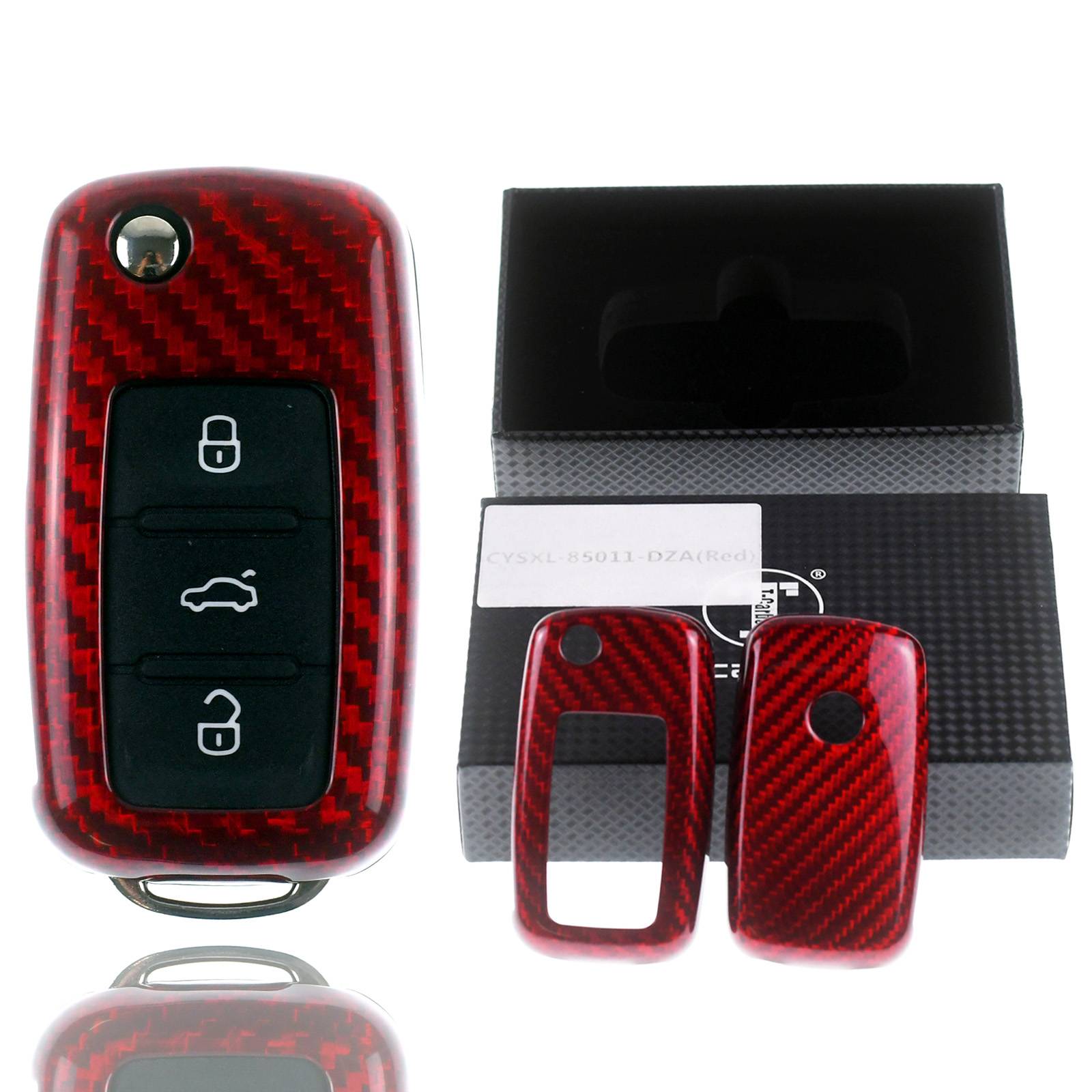 Auto Schlüssel Echt Carbon Schutz Hülle Hardcover Rot kompatibel mit VW UP Polo 6R Beetle 5C Golf 1K AU Jetta Klappschlüssel