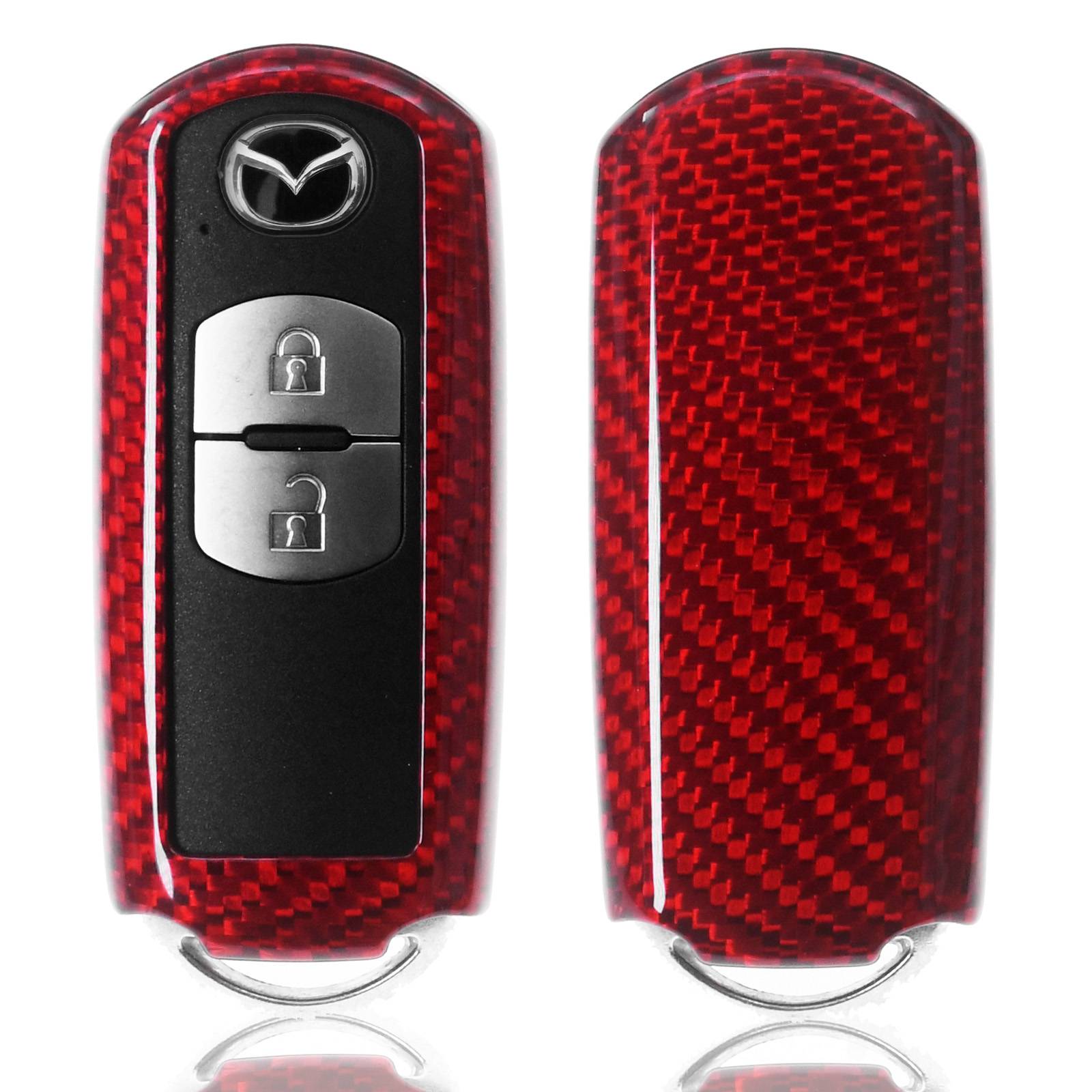 Auto Schlüssel Echt Carbon Schutz Hülle Hardcover Rot kompatibel mit Mazda 2 3 6 CX-3 CX-5 MX-5 KEYLESS SMARTKEY