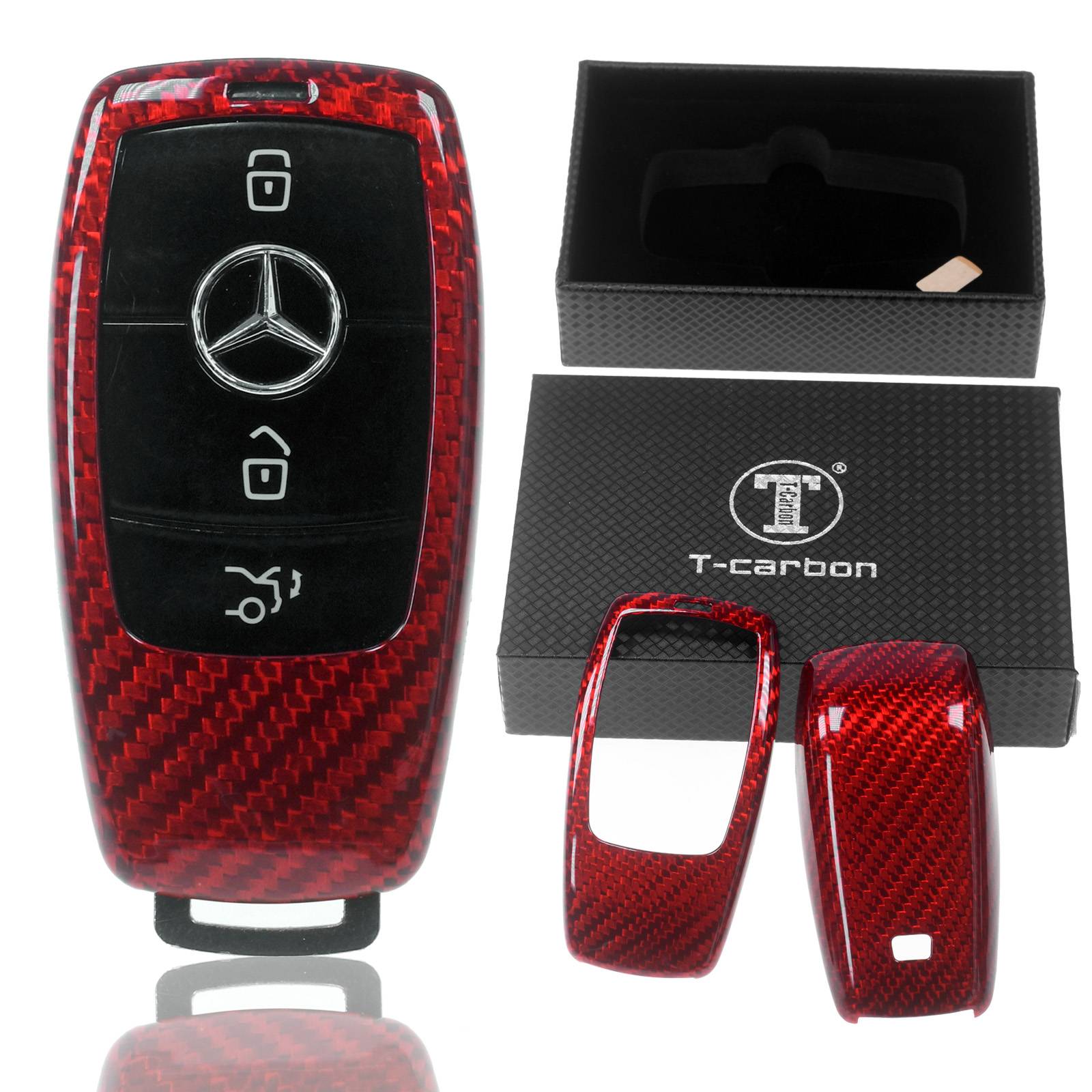 Auto Schlüssel Echt Carbon Schutz Hülle Hardcover Rot kompatibel mit Mercedes Benz W213 S213 C238 A238 W238 W242 KEYLESS SMARTKEY