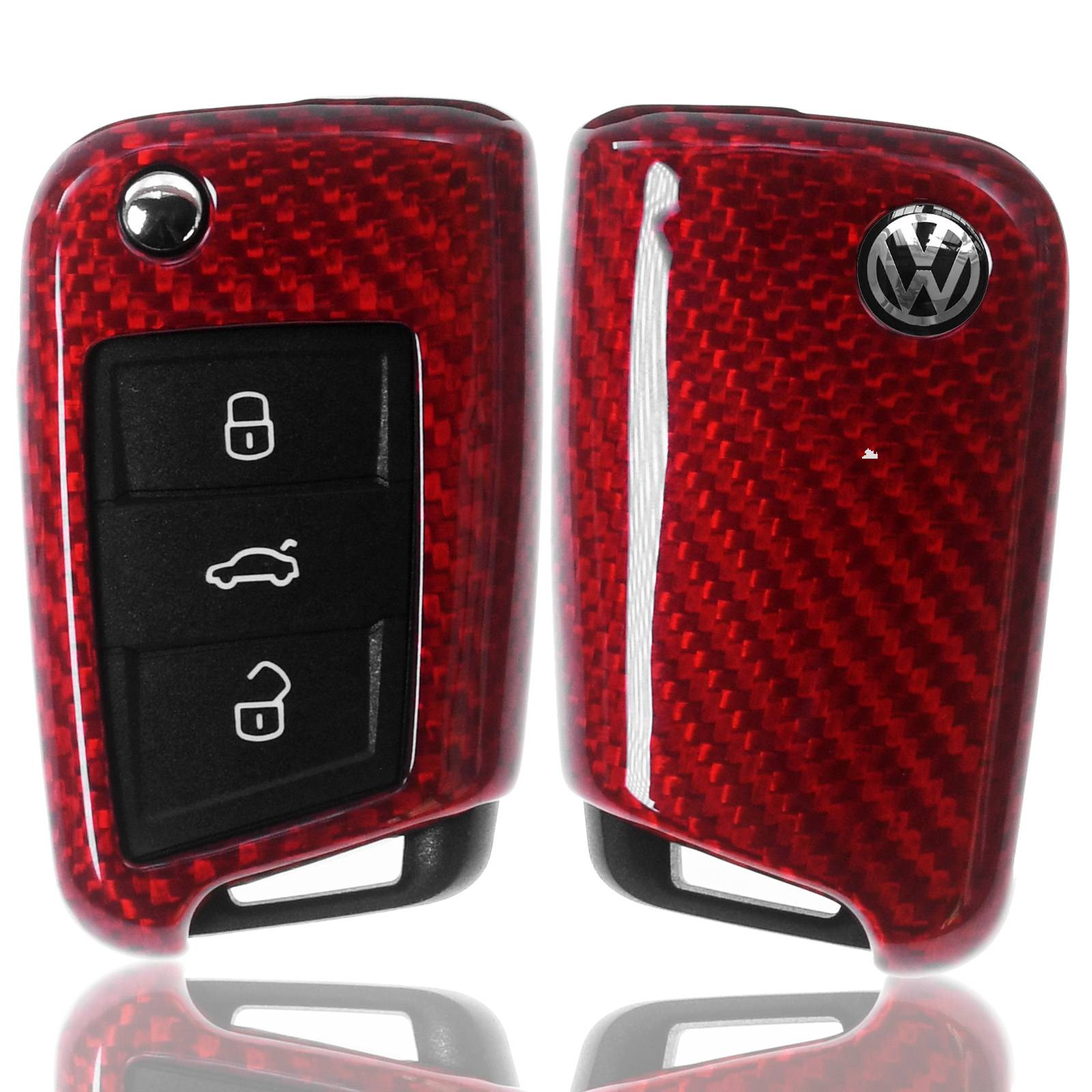 Auto Schlüssel Echt Carbon Schutz Hülle Hardcover Rot kompatibel mit VW Polo 6R 6C AW Golf AU Jetta VI Klappschlüssel
