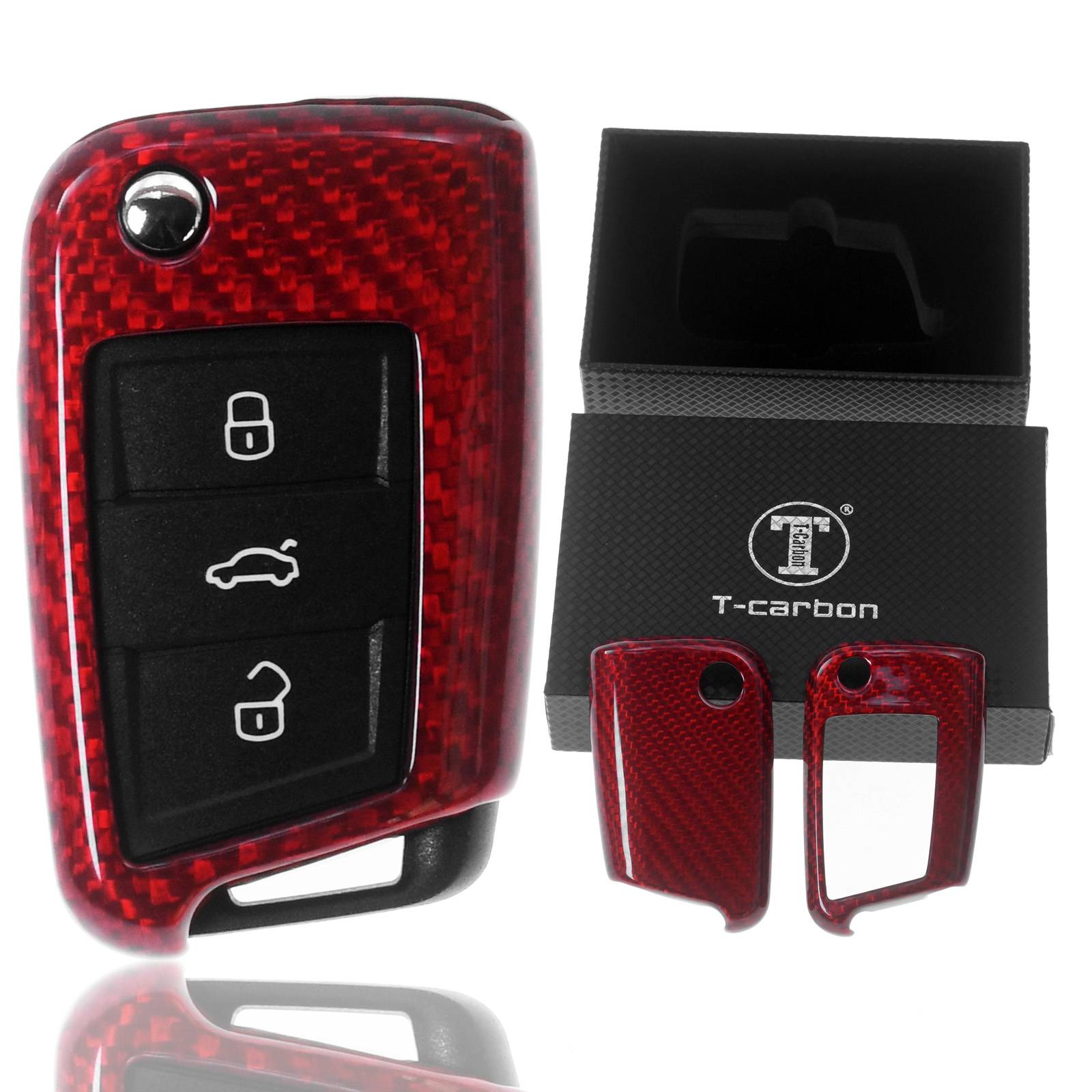Auto Schlüssel Echt Carbon Schutz Hülle Hardcover Rot kompatibel mit VW Polo 6R 6C AW Golf AU Jetta VI Klappschlüssel