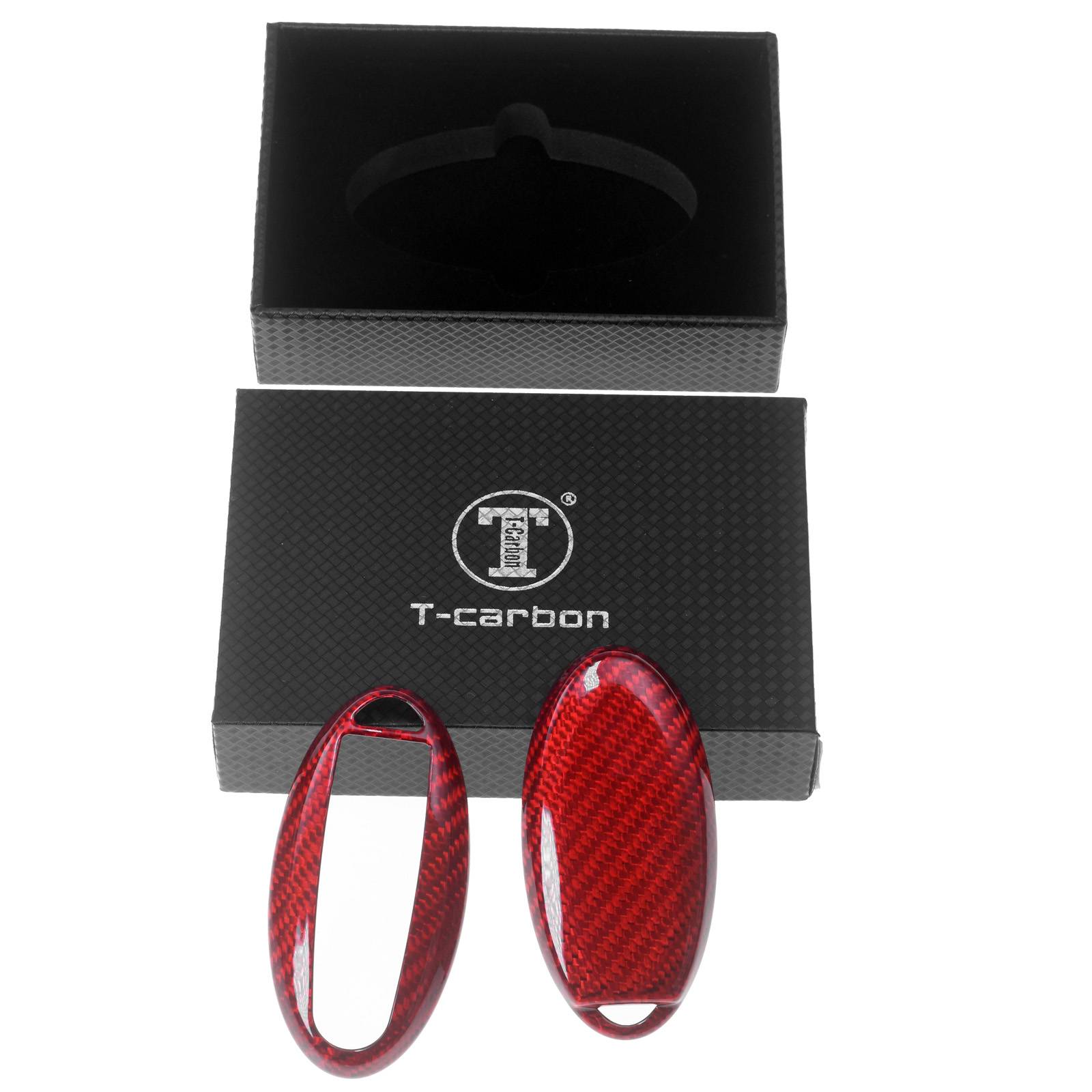 Auto Schlüssel Echt Carbon Schutz Hülle Hardcover Rot kompatibel mit Nissan Juke Micra Leaf X-Trail Qashqai Note KEYLESS SMARTKEY