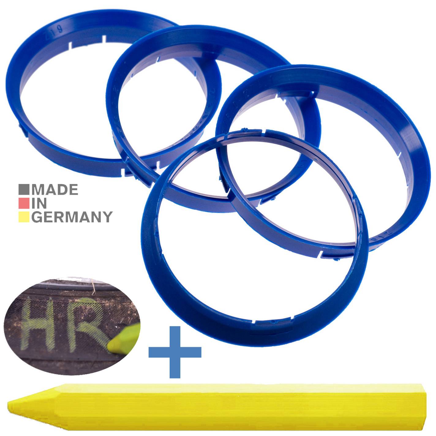 4x BRANDT Zentrierringe 76,0 x 74,1 mm Blau Radnabe Felgen Ringe + 1x Reifen Kreide Fett Stift