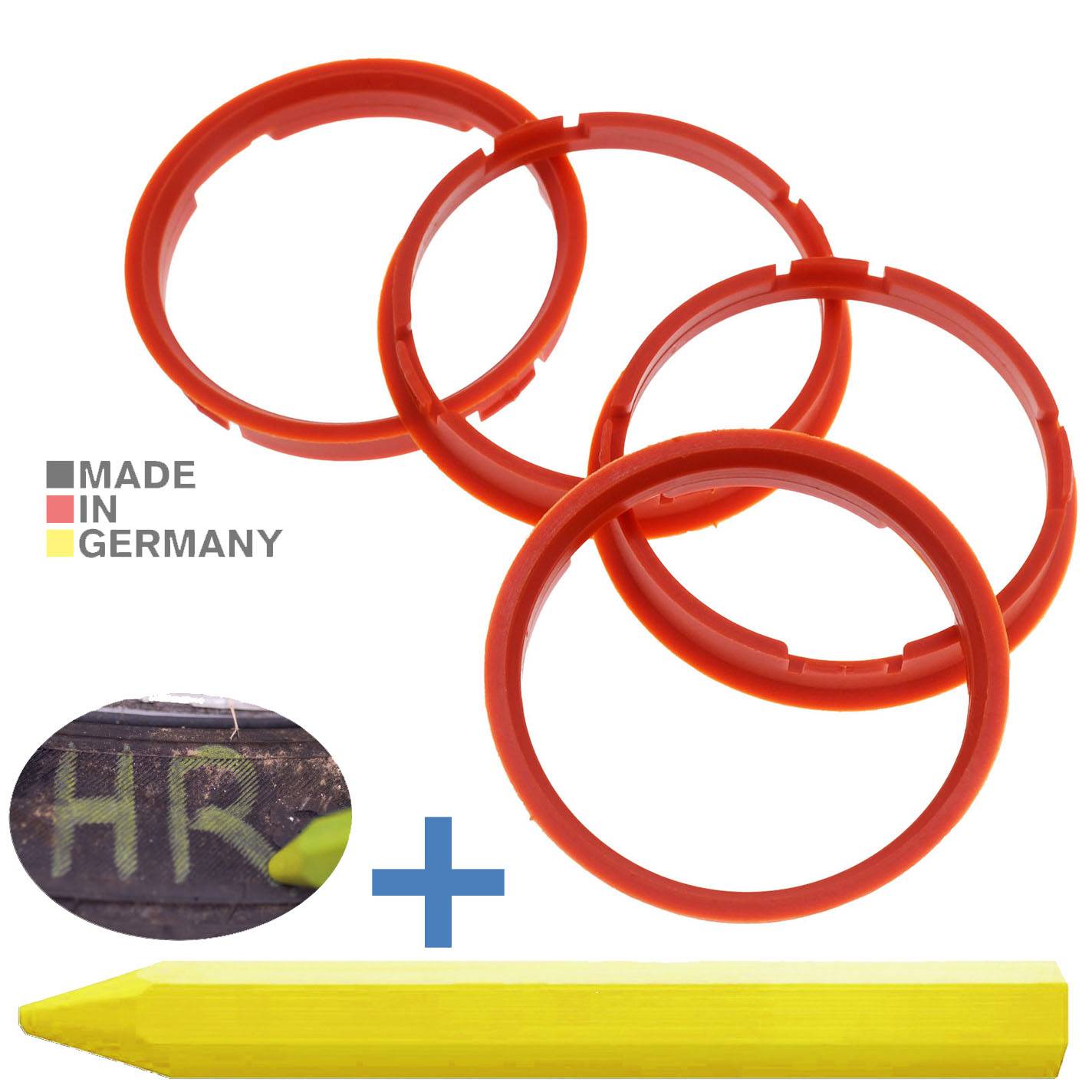 4x BRANDT Zentrierringe 73,0 x 67,1 mm Orange Radnabe Felgen Ringe + 1x Reifen Kreide Fett Stift