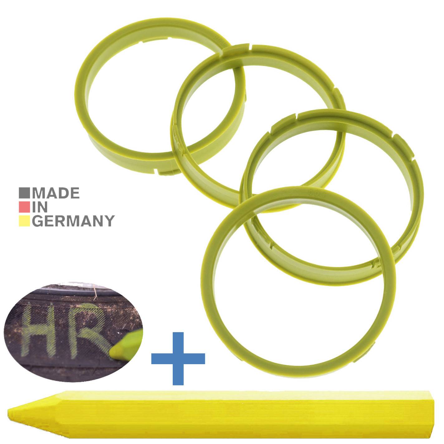 4x BRANDT Zentrierringe 73,1 x 66,1 mm Gelb Radnabe Felgen Ringe + 1x Reifen Kreide Fett Stift