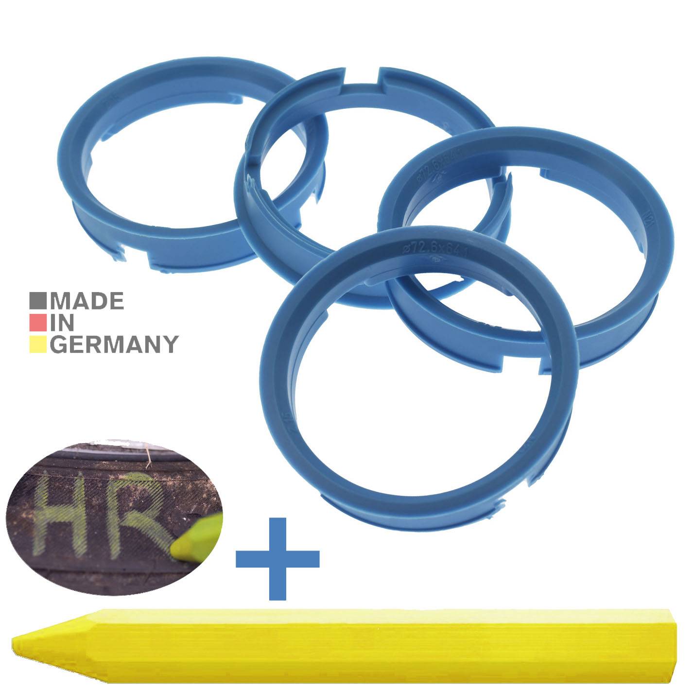 4x BRANDT Zentrierringe 72,6 x 64,2 mm Hellblau Radnabe Felgen Ringe + 1x Reifen Kreide Fett Stift