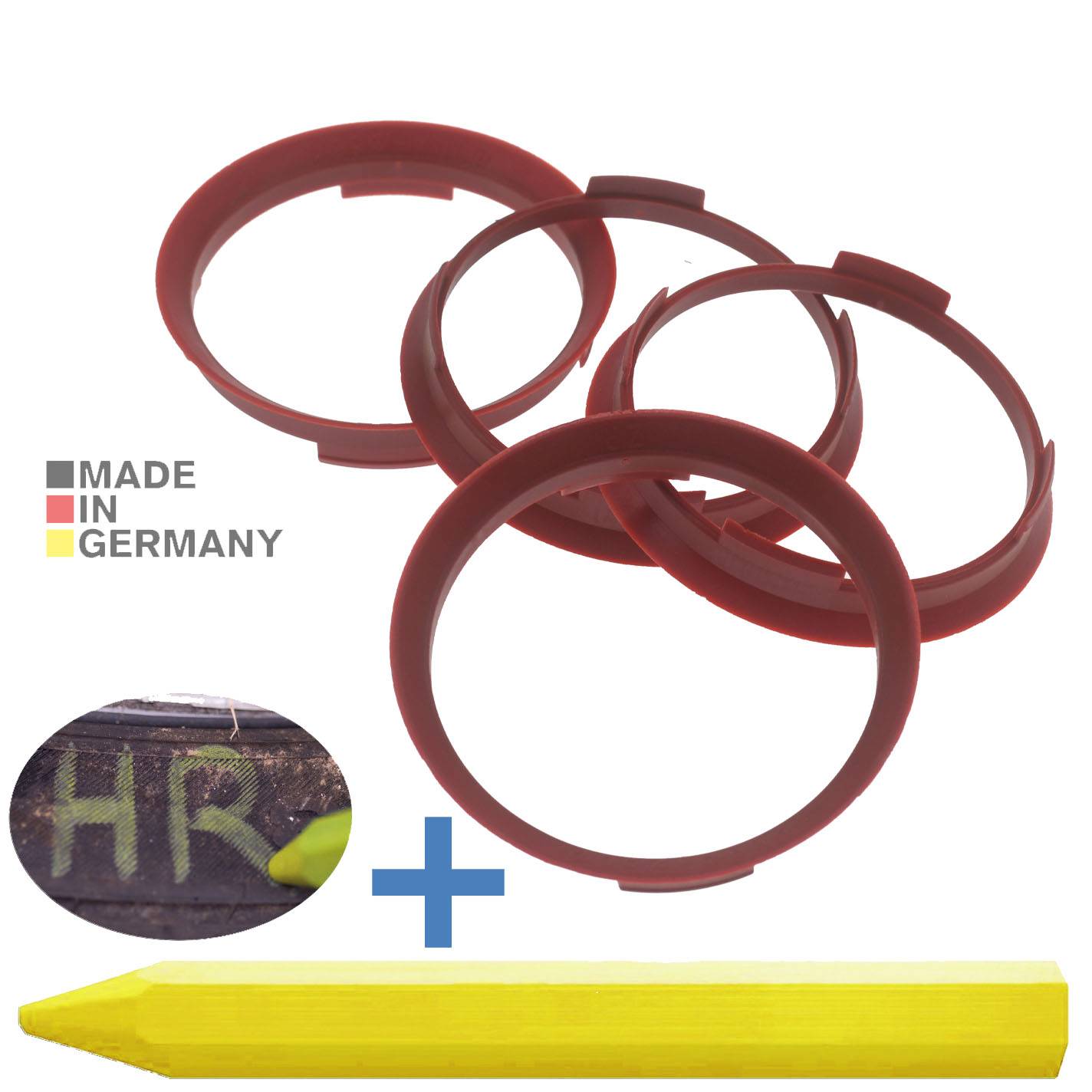 4x BRANDT Zentrierringe 70,4 x 66,1 mm Rot Radnabe Felgen Ringe + 1x Reifen Kreide Fett Stift