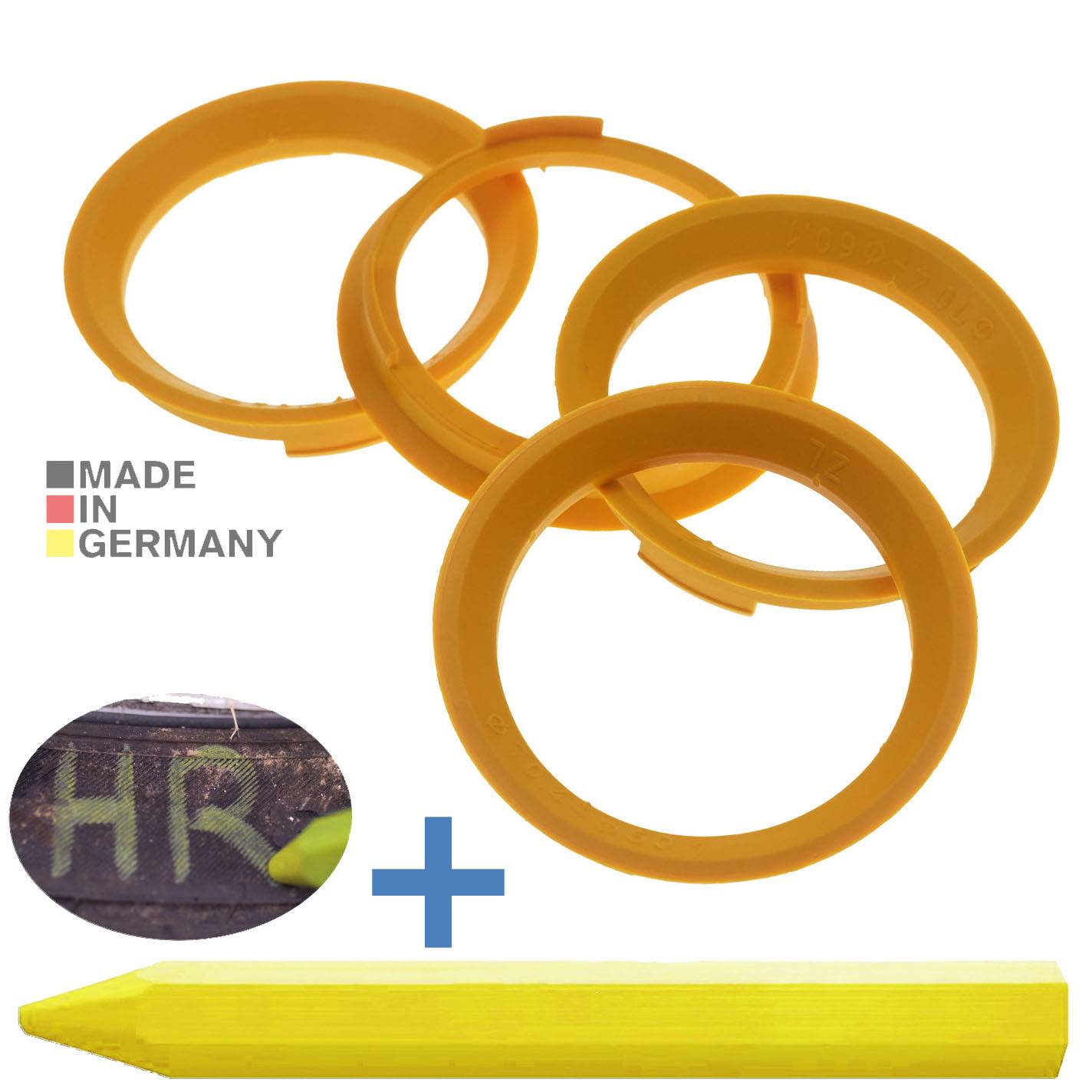 4x BRANDT Zentrierringe 70,4 x 60,1 mm Gelb Radnabe Felgen Ringe + 1x Reifen Kreide Fett Stift