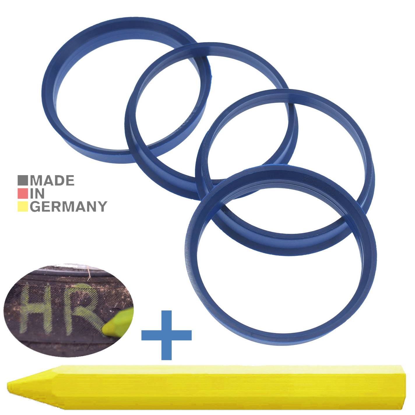 4x BRANDT Zentrierringe 65,1 x 60,1 mm Blau Radnabe Felgen Ringe + 1x Reifen Kreide Fett Stift