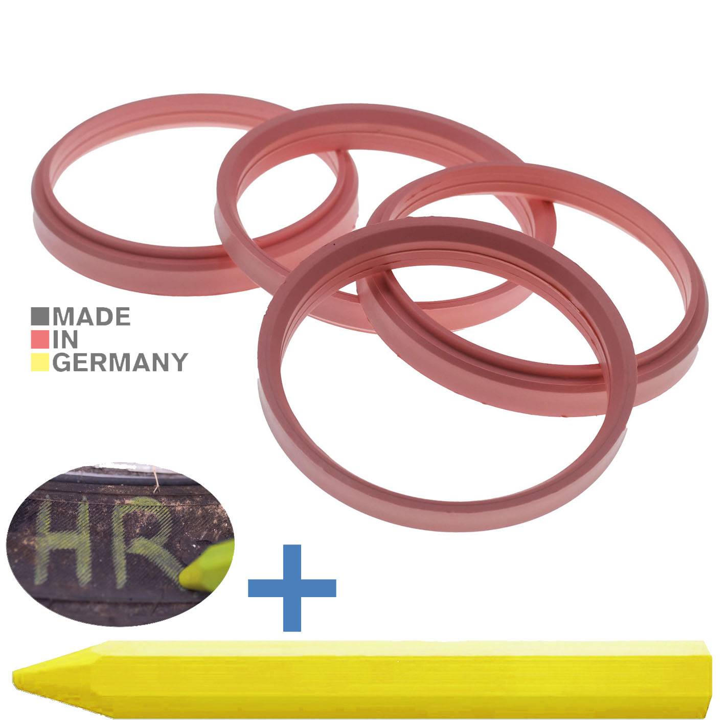 4x BRANDT Zentrierringe 76,0 x 66,5 mm Rosa Radnabe Felgen Ringe + 1x Reifen Kreide Fett Stift