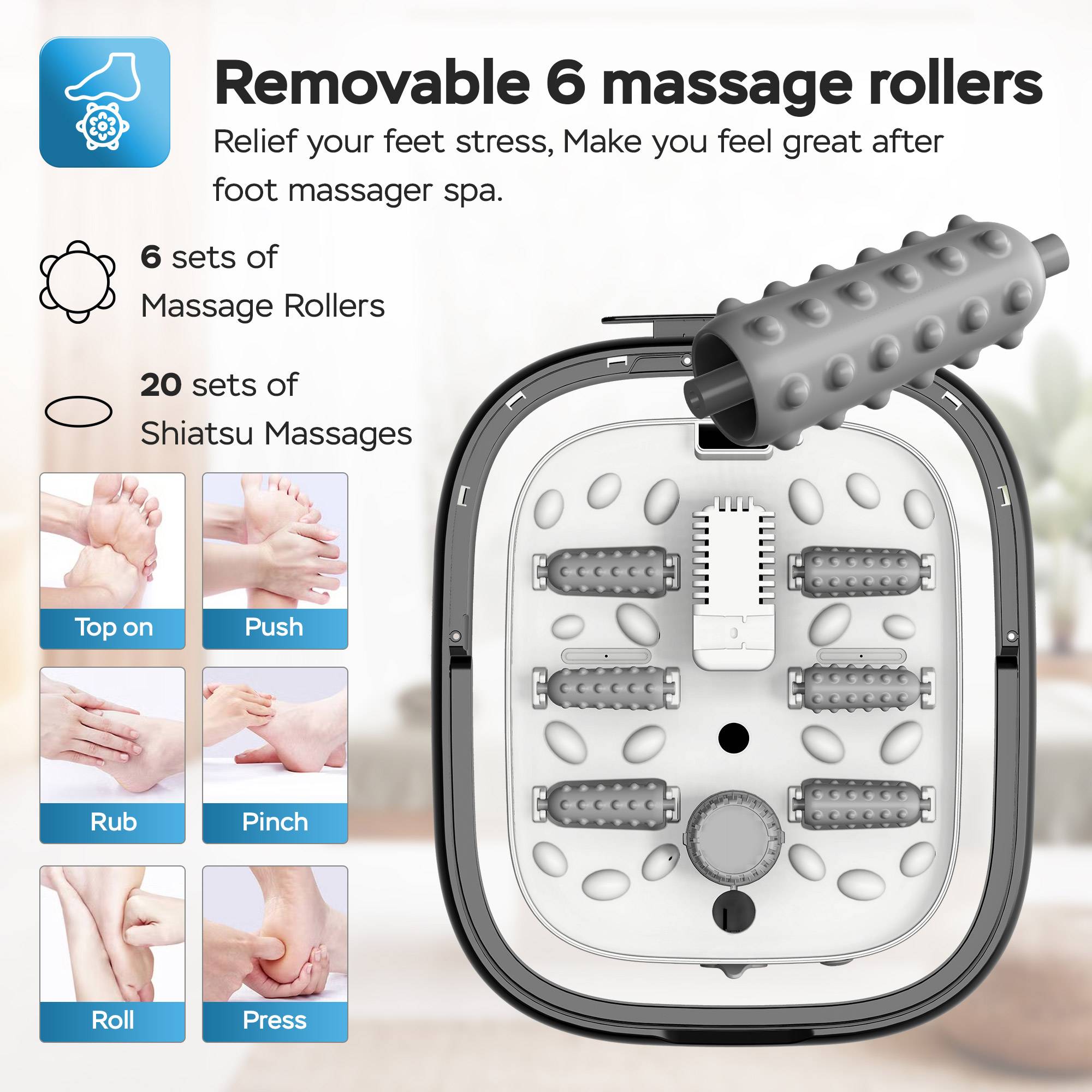 Fußsprudelbad 500W Fußmassagegerät 3 Programme, Fußmassagebad 6 Rollen + 20 Düsen Infrarot- und Heizfunktion Fuß Massage faltbar beheizt