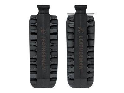 Zwei schwarze Leatherman-Bit-Sets mit mehreren Werkzeugaufsätzen, die in zwei Reihen angeordnet sind und die Vielseitigkeit für die Verwendung von Multitool-Geräten zeigen.