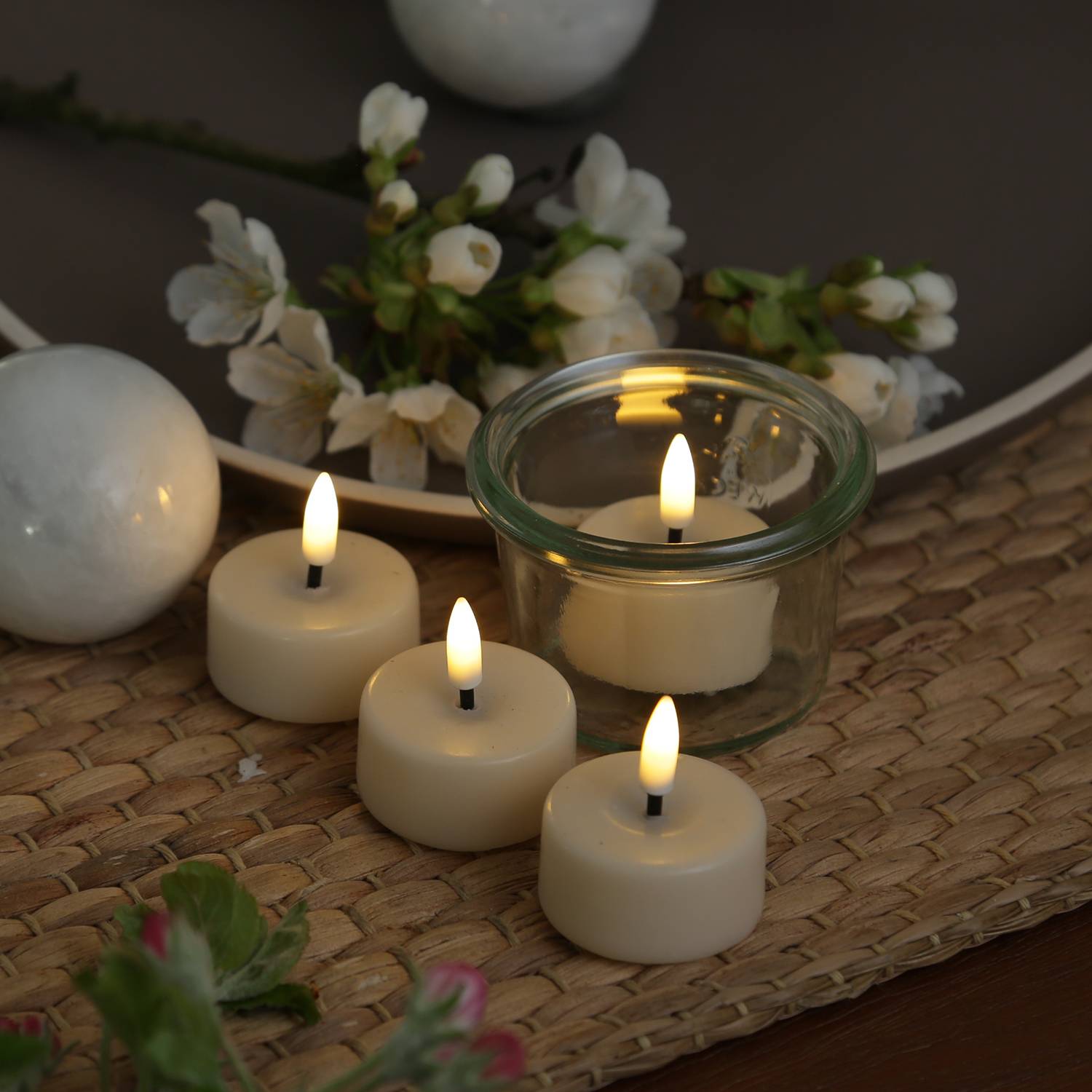 LED Mini Teelichter Deluxe Homeart flackernd mit Batterien D:3,5cm creme 4 Stück