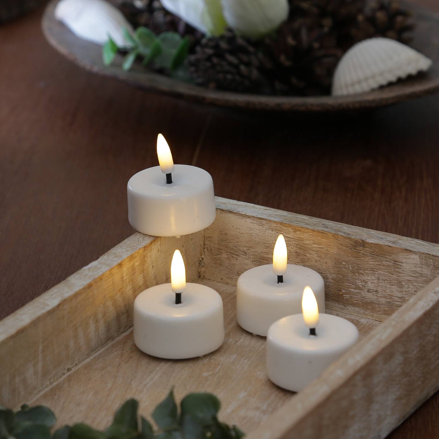 Vier brennende Teelichter in einem Holztablett erzeugen eine warme und gemütliche Atmosphäre. Muscheln und Grünpflanzen im Hintergrund unterstreichen die Stimmung.