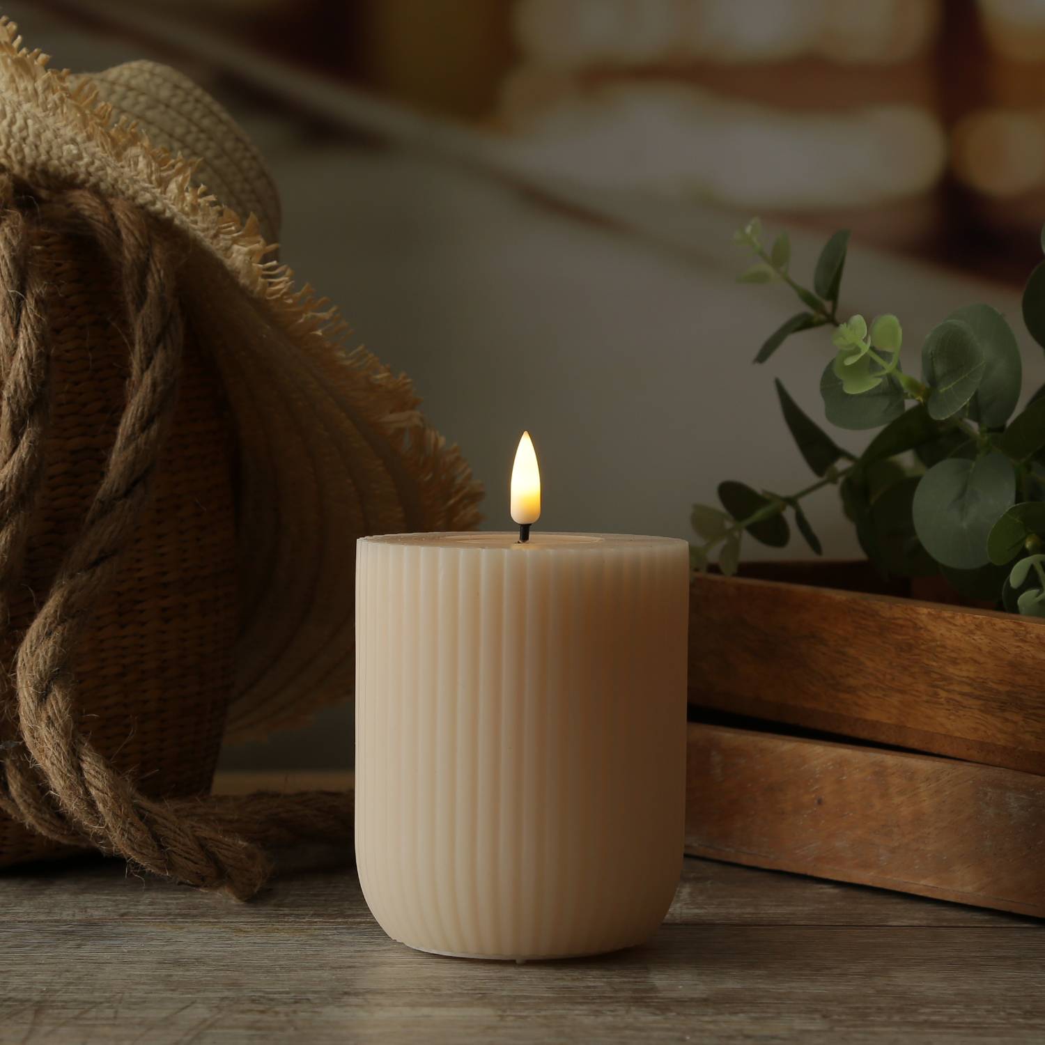 LED Kerze Mia gerillt Deluxe Homeart Echtwachs flackernd H: 10cm D: 8cm creme