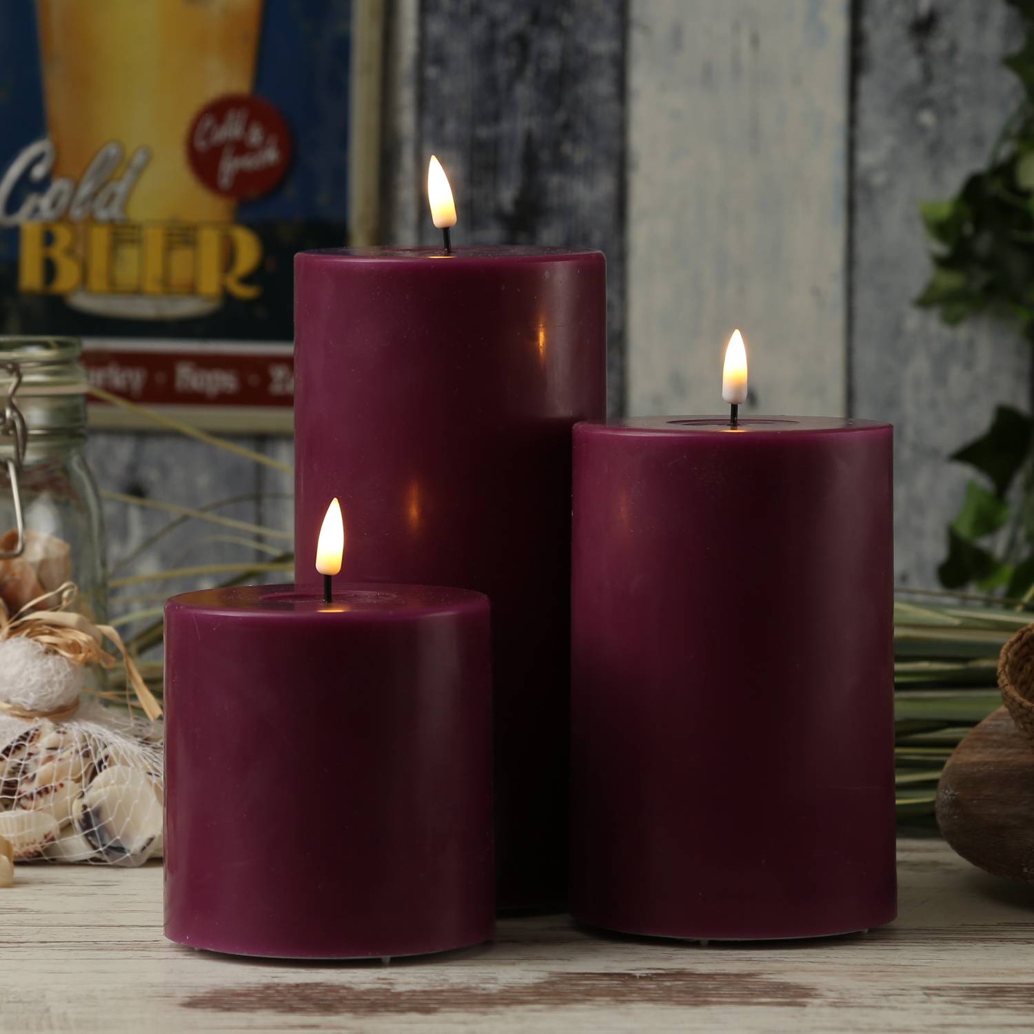 LED Kerze Mia Deluxe Homeart Echtwachs flackernd H: 10cm D: 10cm beerenrot