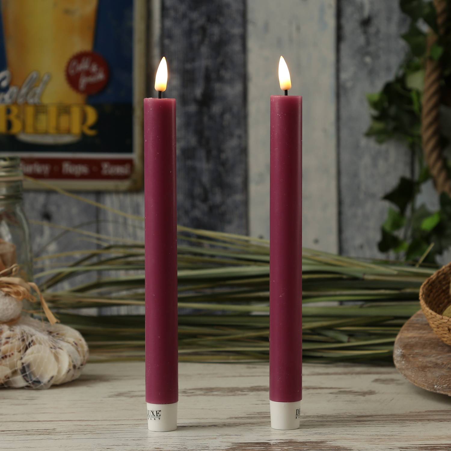 LED Stabkerzen Deluxe Tafelkerzen Echtwachs flackernd H: 24cm malve 2Stk