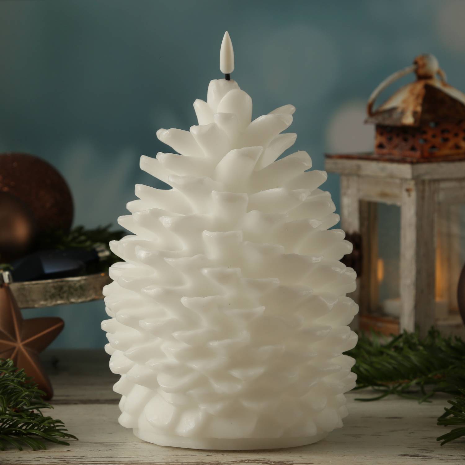 LED Kerze Zapfen Deluxe Homeart Tannenzapfen Zapfenform Echtwachs H: 19cm weiß