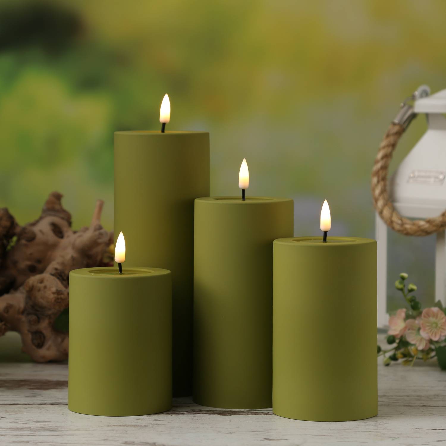 LED Kerze MIA Deluxe Homeart outdoor flackernd H: 20cm D: 7,5cm olivgrün