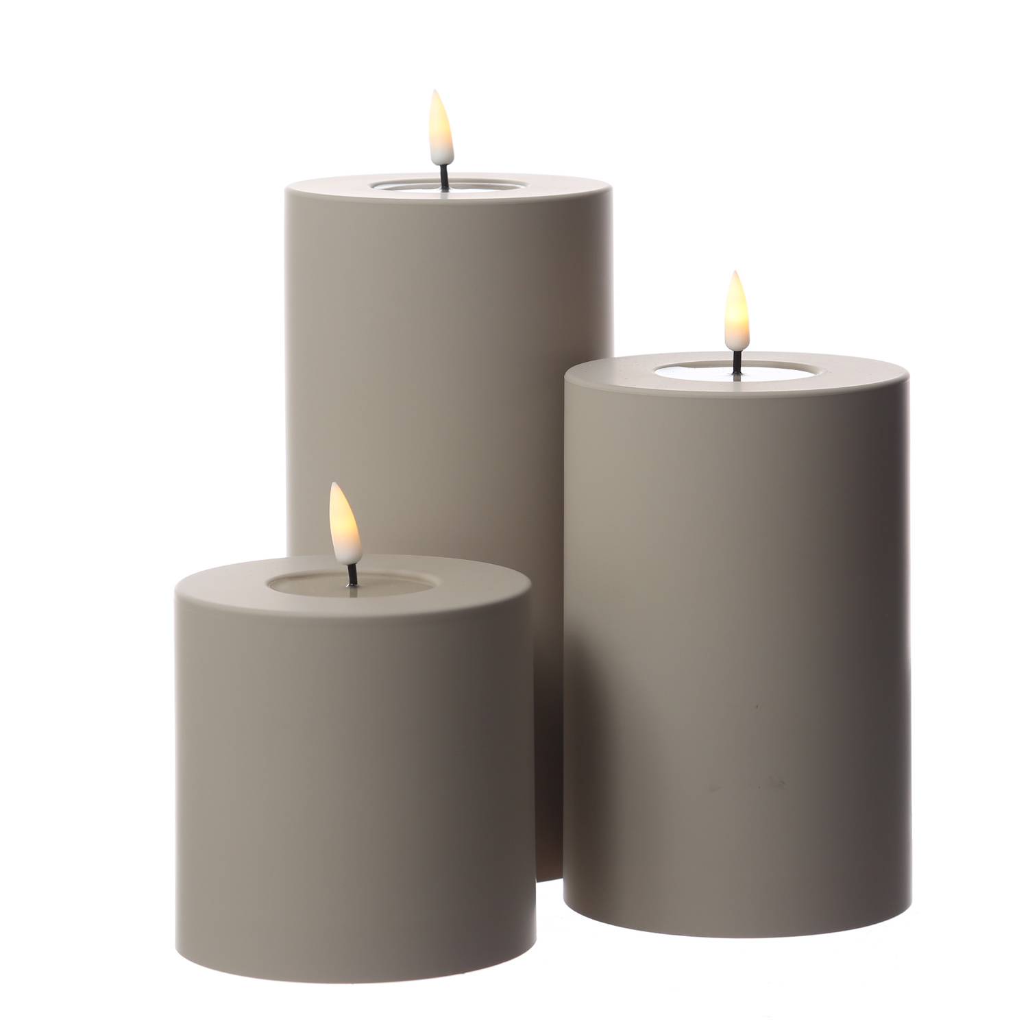 LED Kerze MIA Deluxe Homeart outdoor 3D Flamme flackernd H: 10cm D: 10cm sand