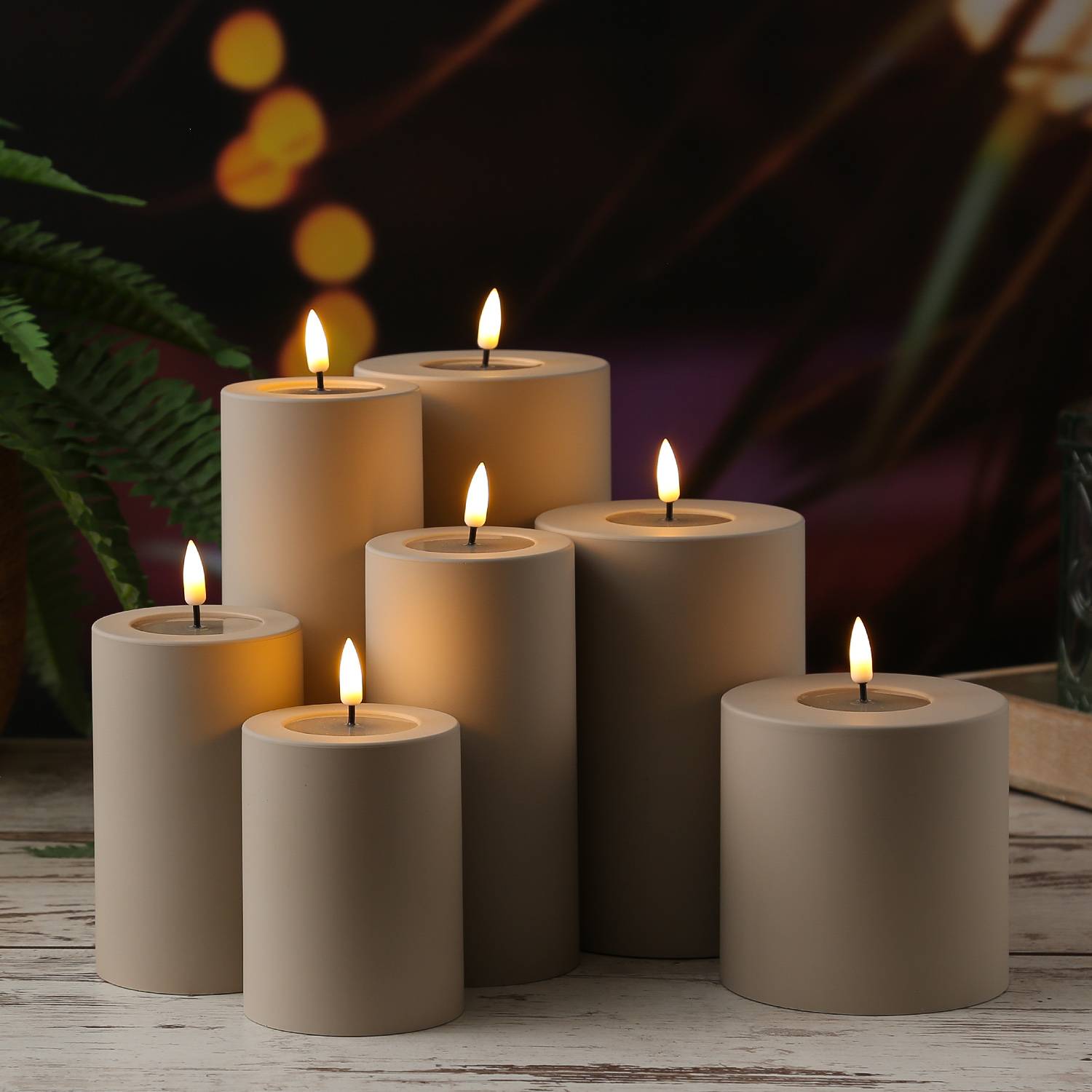 LED Kerze MIA Deluxe Homeart outdoor 3D Flamme flackernd H: 20cm D: 10cm sand