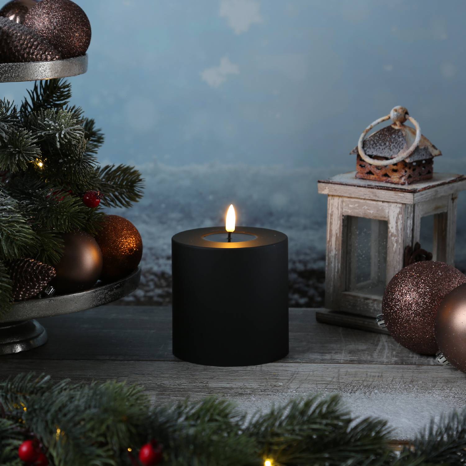 LED Kerze MIA Deluxe Homeart outdoor 3D Flamme flackernd H: 10cm D: 10cm schwarz