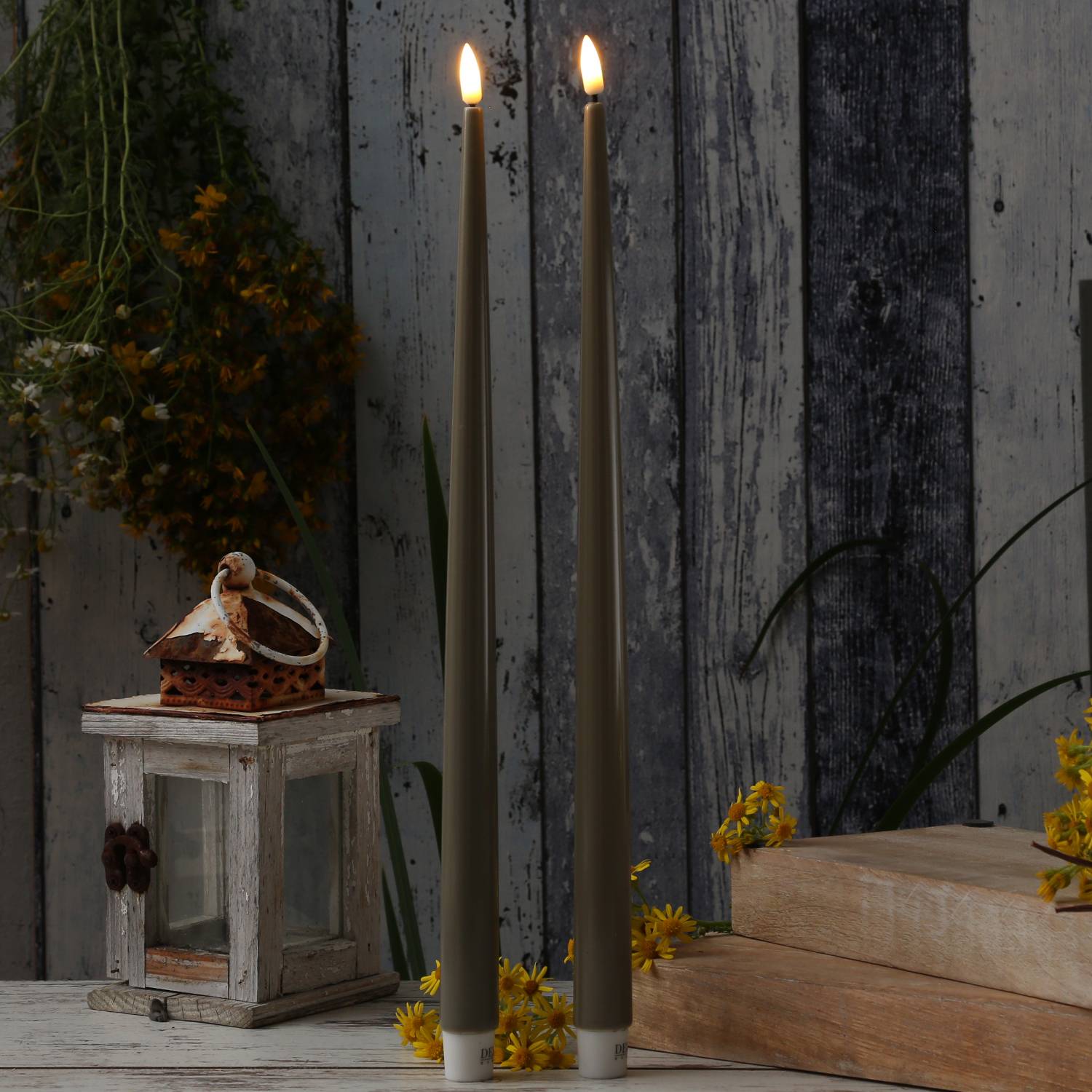 LED Stabkerze Deluxe Homeart Lack Tafelkerze 3D Flamme flackernd 38cm taupe 2St.