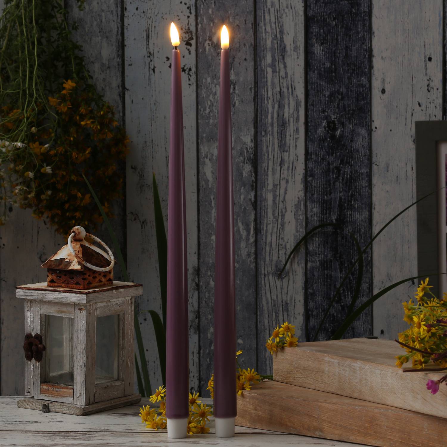 LED Stabkerze Deluxe Homeart Tafelkerze 3D Flamme flackernd 38cm flieder 2 Stück