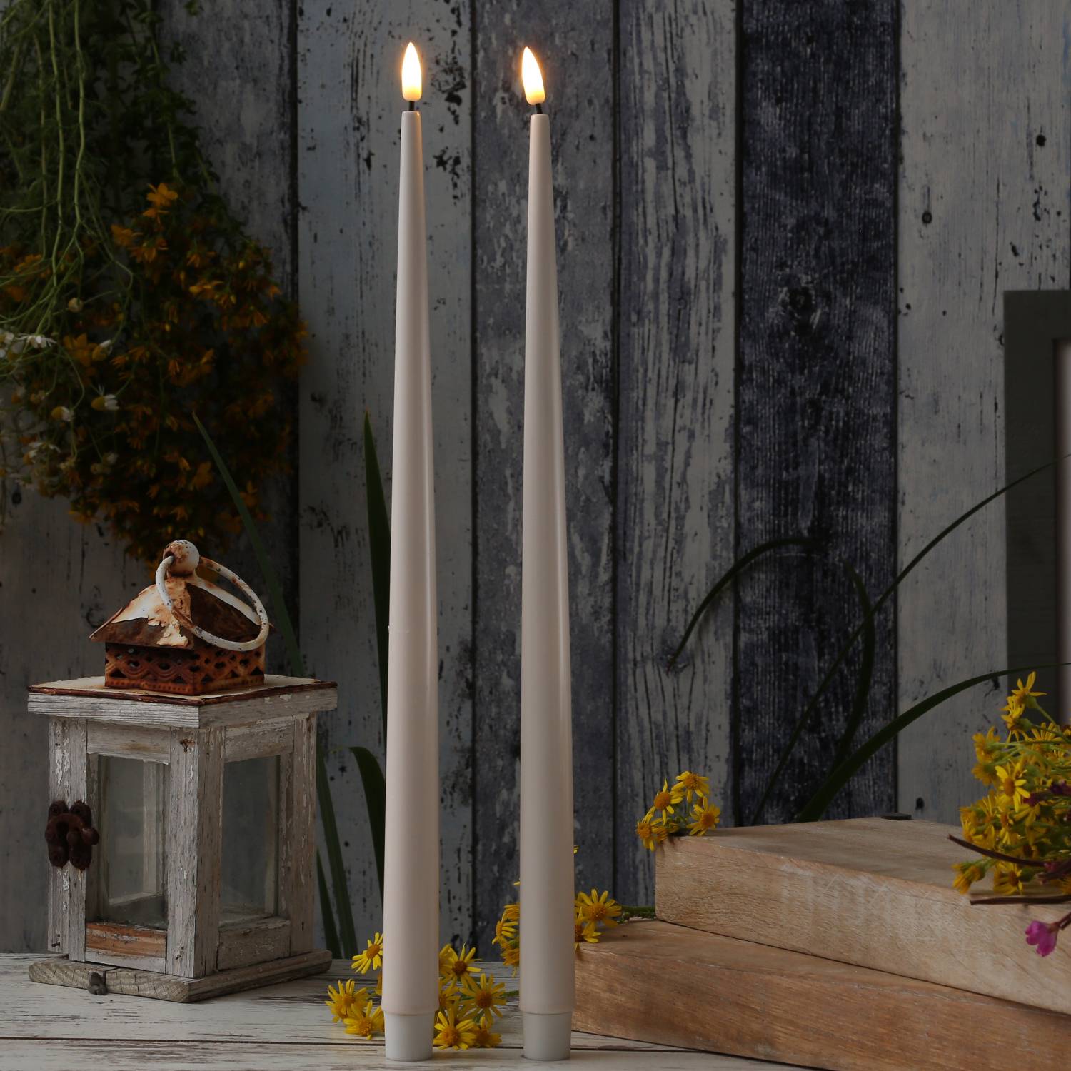 LED Stabkerze Deluxe Homeart Lack Tafelkerze 3D Flamme flackernd 38cm creme 2St.