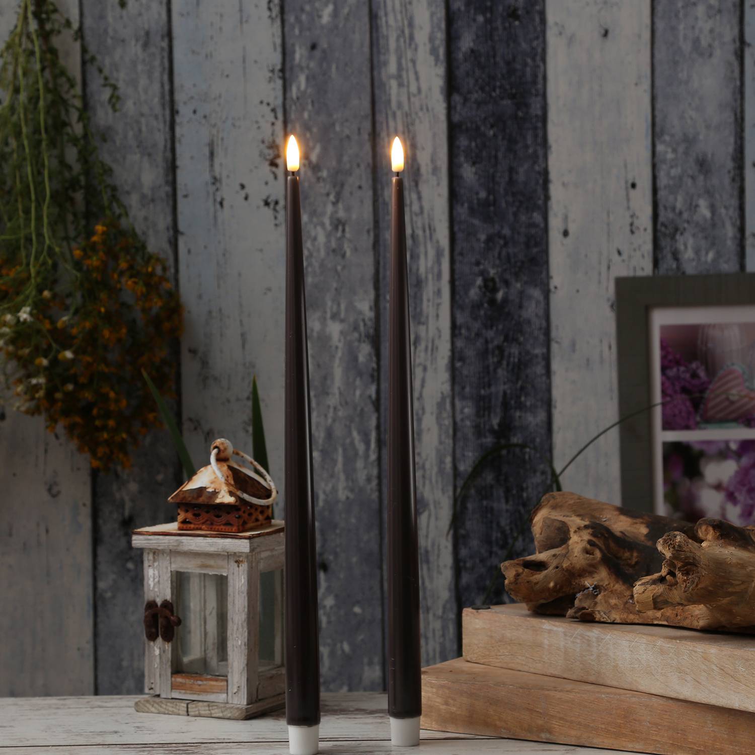 LED Stabkerze Deluxe Homeart Lack Tafelkerze 3D Flamme flackernd 38cm mokka 2St.