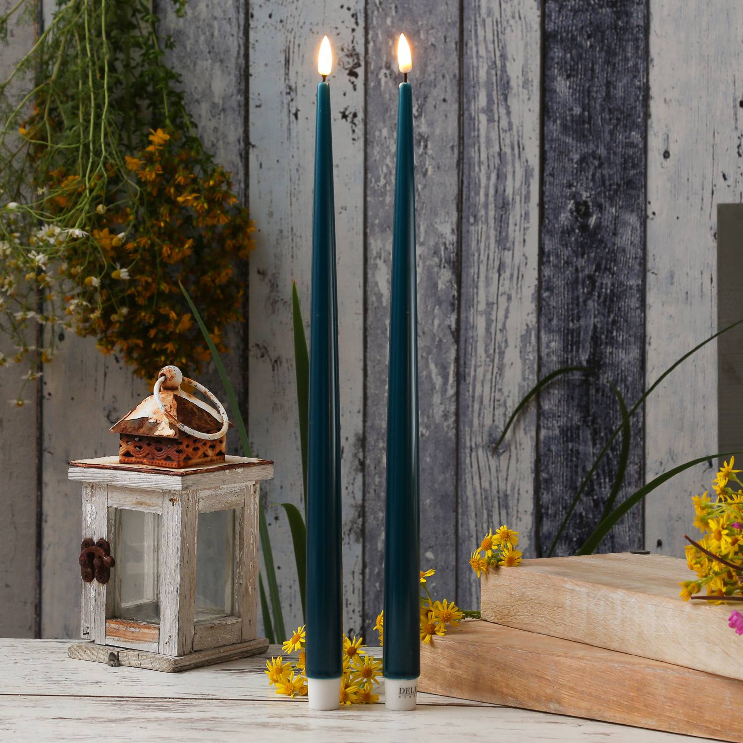 LED Stabkerze Deluxe Homeart Lack Tafelkerze 3D Flamme flackernd 38cm petrol 2St