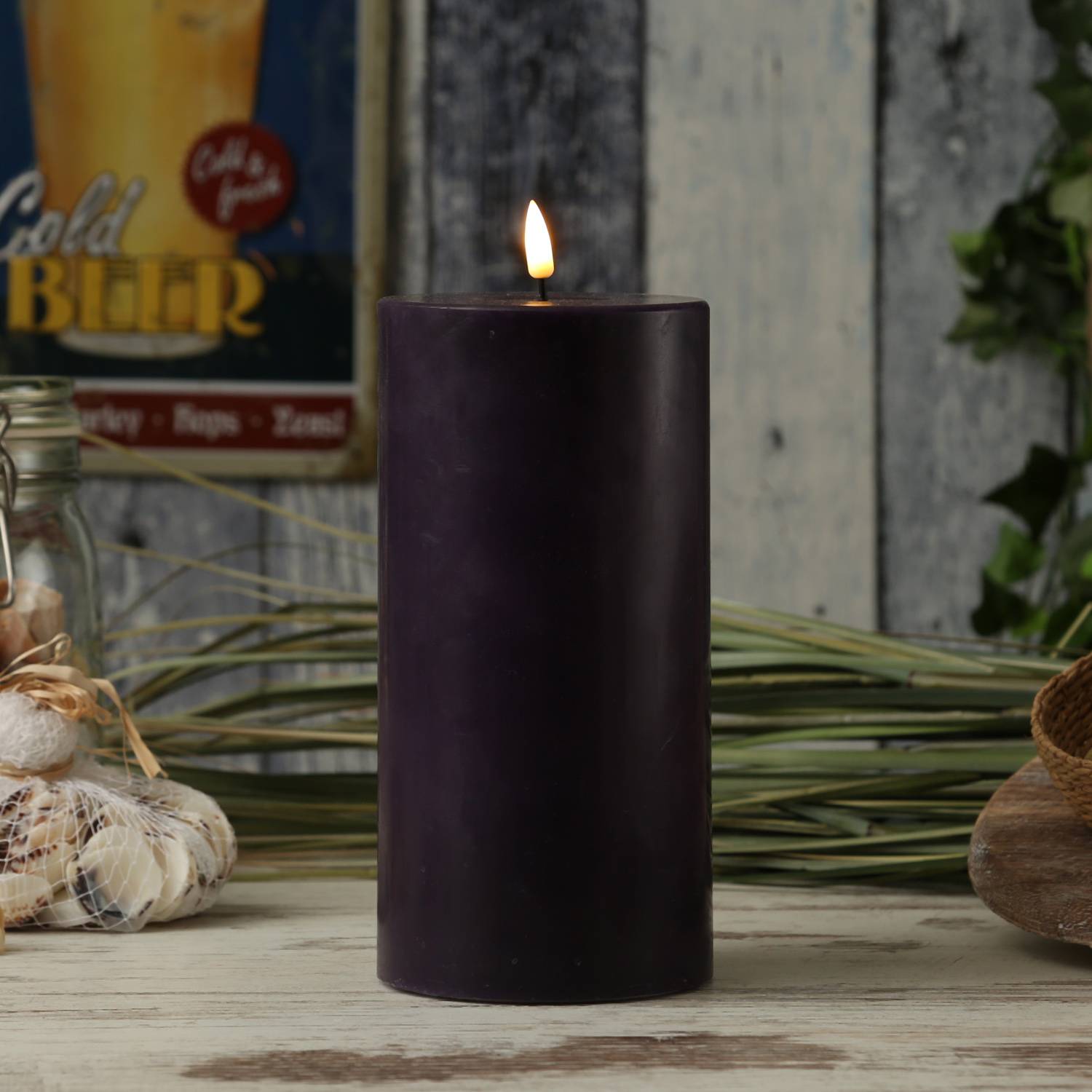 LED Kerze Mia Deluxe Homeart Echtwachs flackernd H: 20cm D: 10cm dunkellila