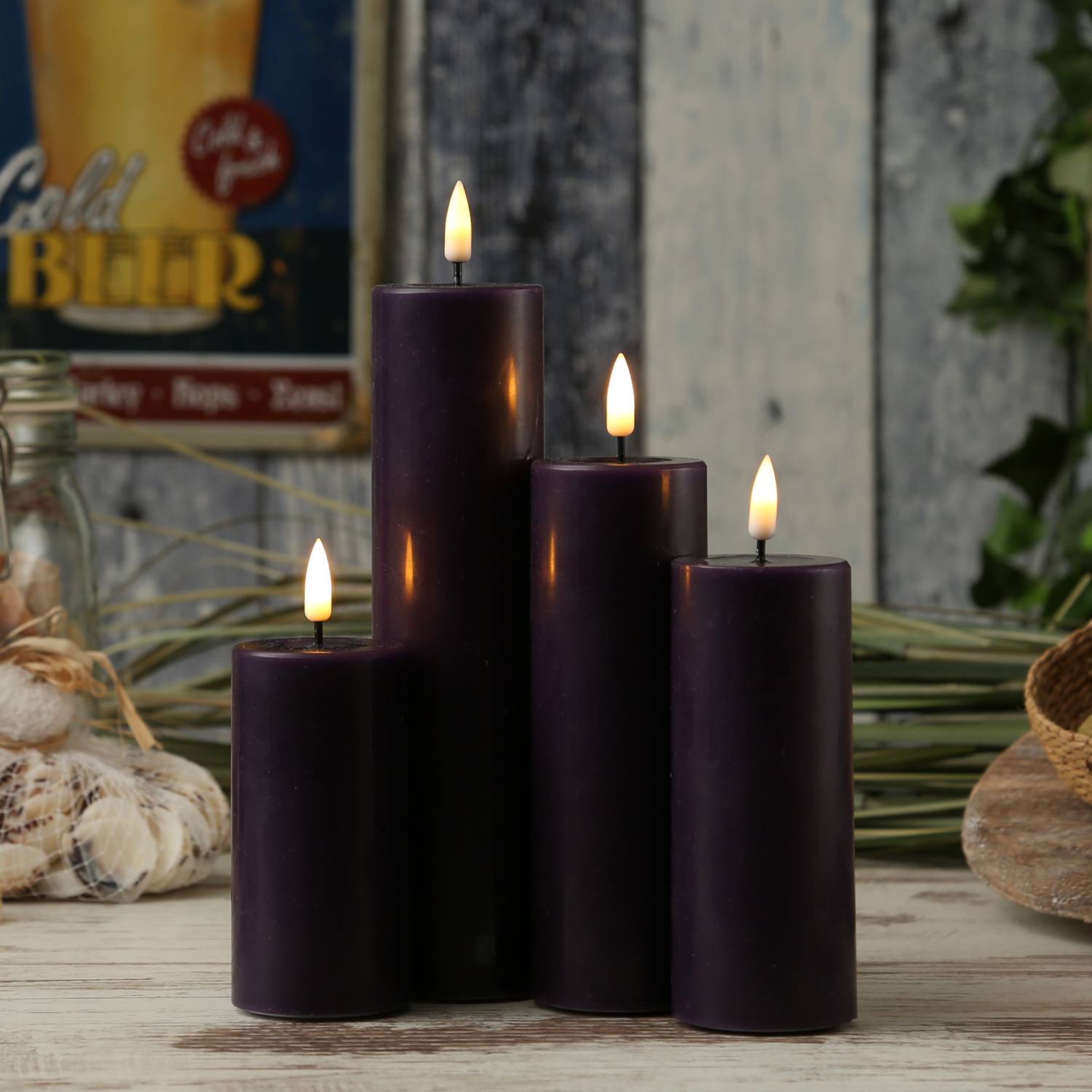 LED Kerze Mia Deluxe Homeart Echtwachs flackernd H: 10cm D: 5cm dunkellila