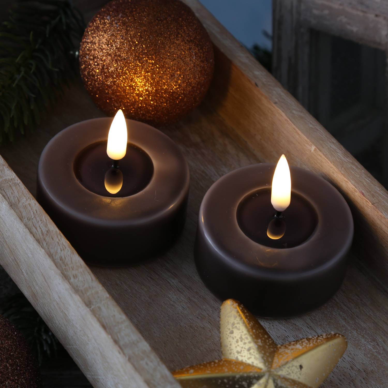 LED Maxi Teelichter Mia Deluxe Homeart Echtwachs D:6,1cm mokka braun 2 Stück