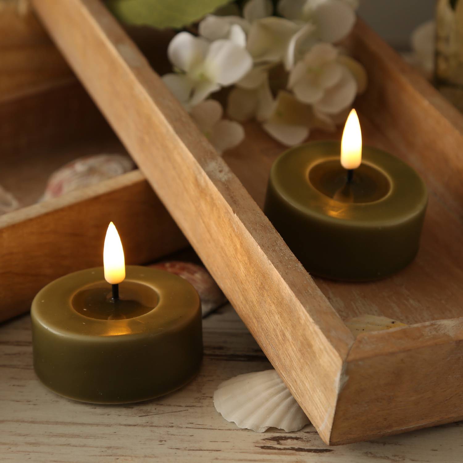 LED Maxi Teelichter Mia Deluxe Homeart flackernd Echtwachs D: 6,1cm olivgrün 2St
