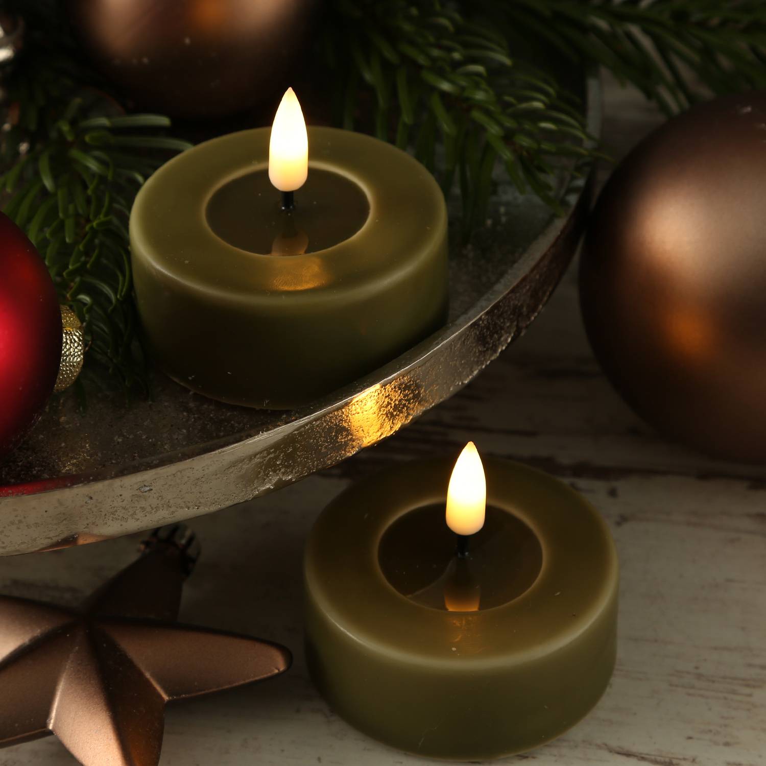 LED Maxi Teelichter Mia Deluxe Homeart flackernd Echtwachs D: 6,1cm olivgrün 2St