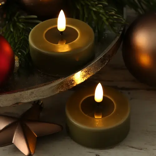 LED Maxi Teelichter Mia Deluxe Homeart flackernd Echtwachs D: 6,1cm olivgrün 2St LED Maxi Teelichter Mia Deluxe Homeart flackernd Echtwachs D: 6,1cm olivgrün 2St