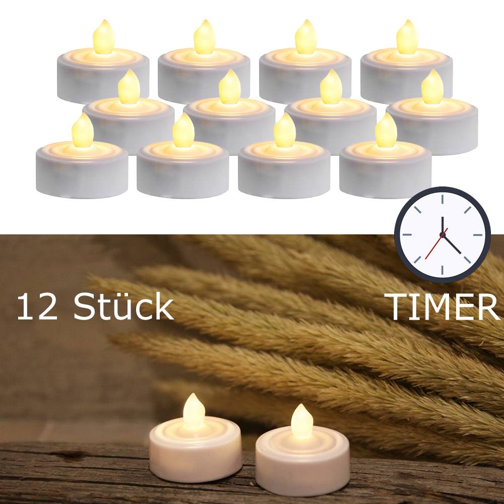 LED Teelichter flackernd flammenlos inkl. Batterien Timer D: 3,6cm weiß 12er Set