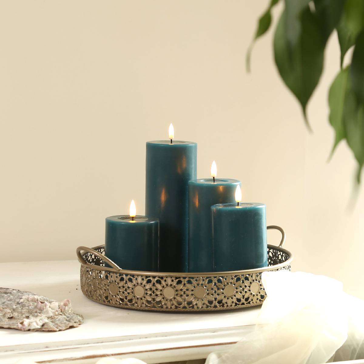 LED Kerze Mia Deluxe Homeart Echtwachs flackernde Flamme H: 20cm D: 7,5cm petrol