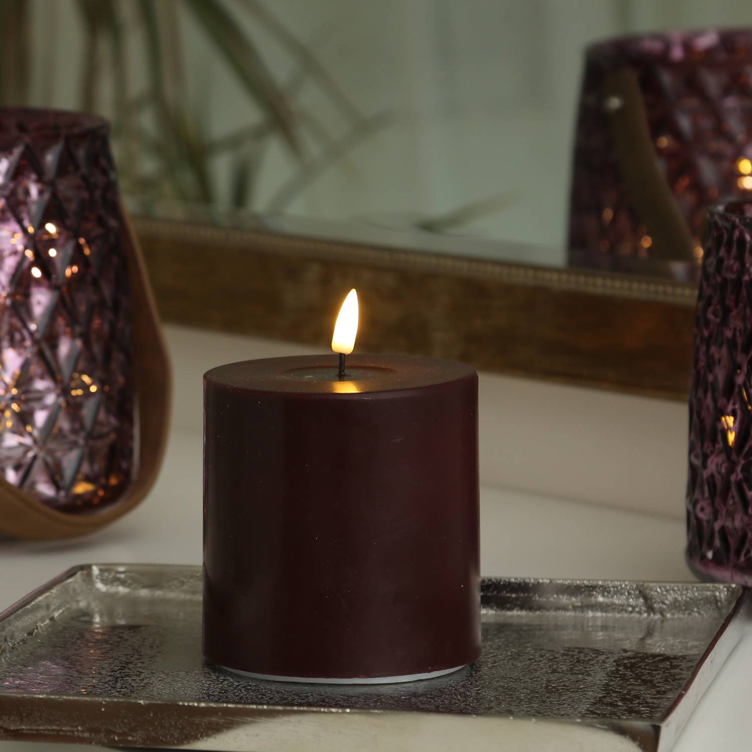 LED Kerze Mia Deluxe Homeart Echtwachs flackernde Flamme H: 10cm D: 10cm weinrot