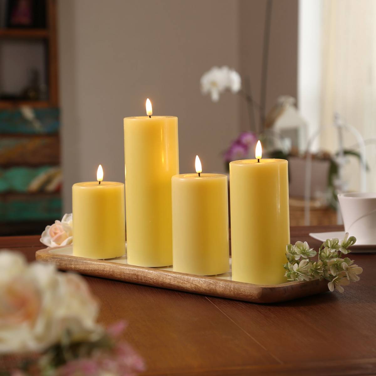 LED Kerze Mia Deluxe Homeart Echtwachs flackernde Flamme H: 15cm D: 7,5cm gelb